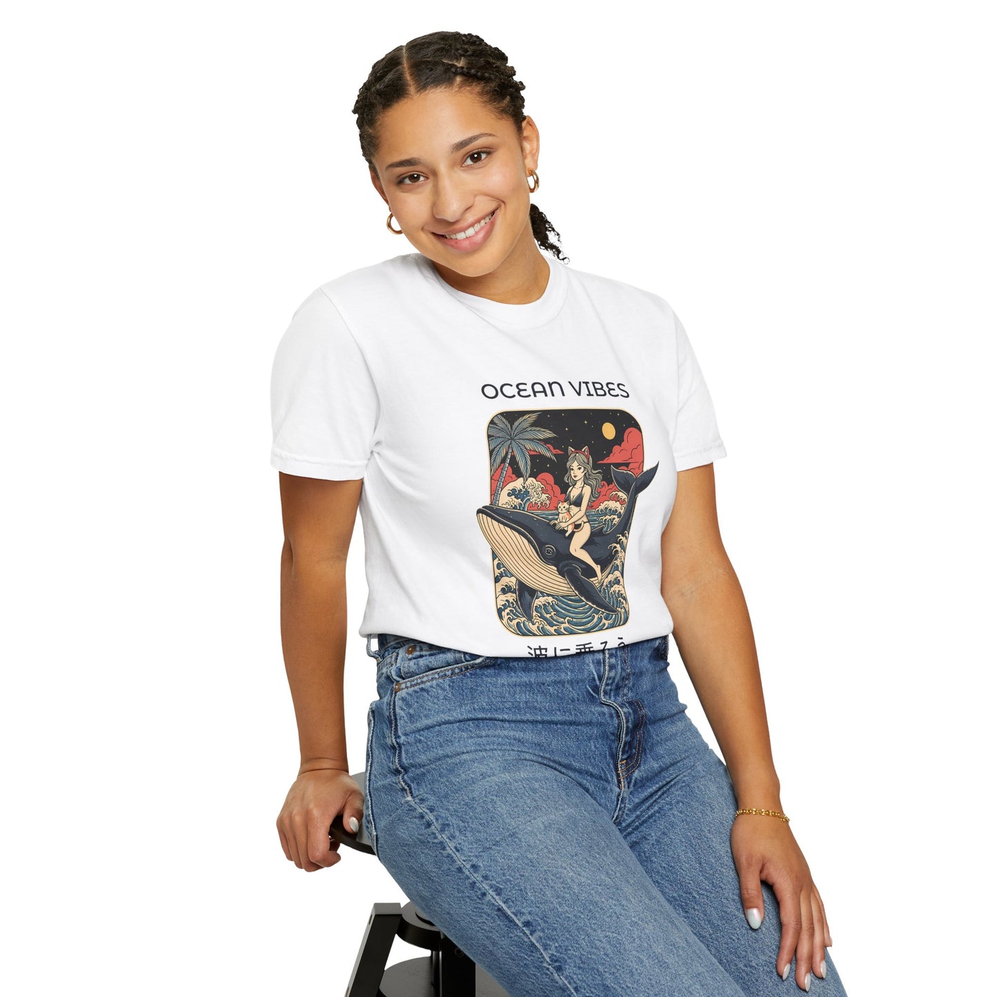 T-Shirt: Ocean Vibes – Anime Whale Rider Tee – Retro Japanese Style Shirt – Cat Girl Graphic Unisex Top for Surfers & Dreamers