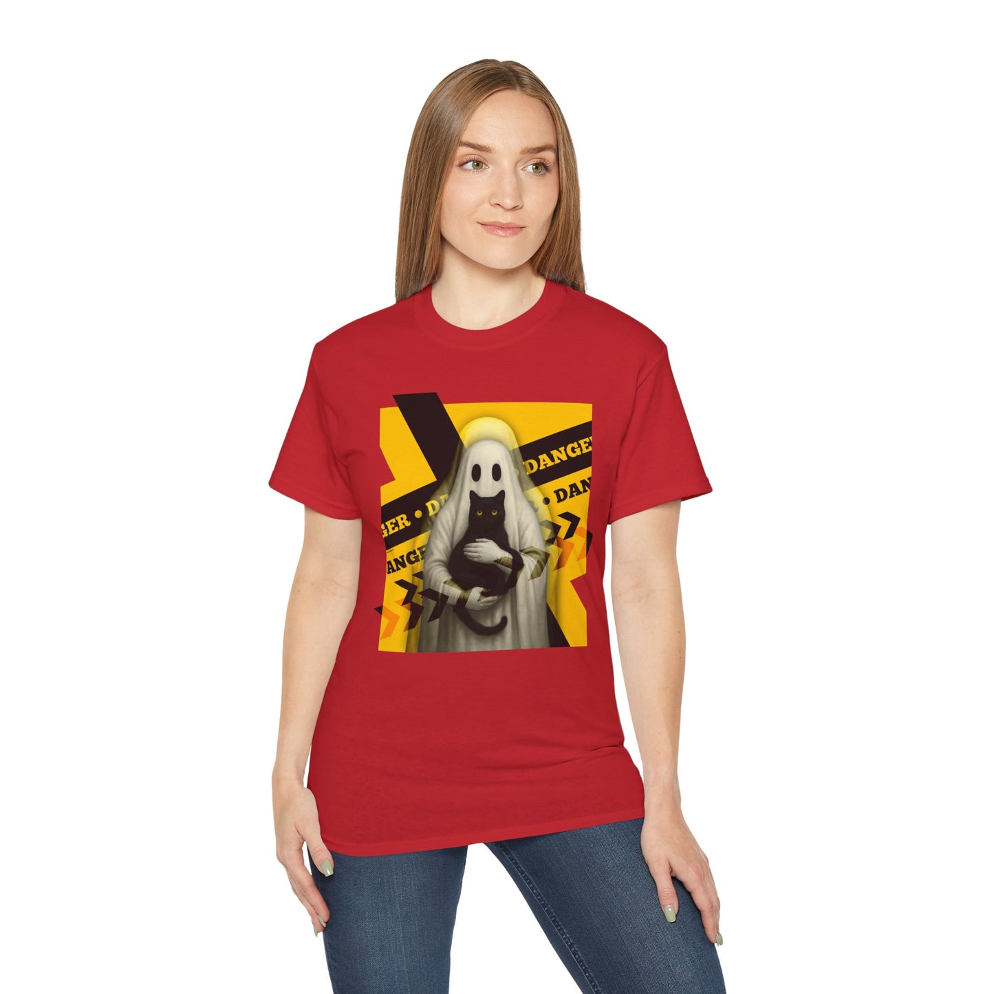 T-Shirt: Danger Cat and Ghost – Spooky Halloween Graphic Tee – Funny Unisex Shirt for Horror Fans