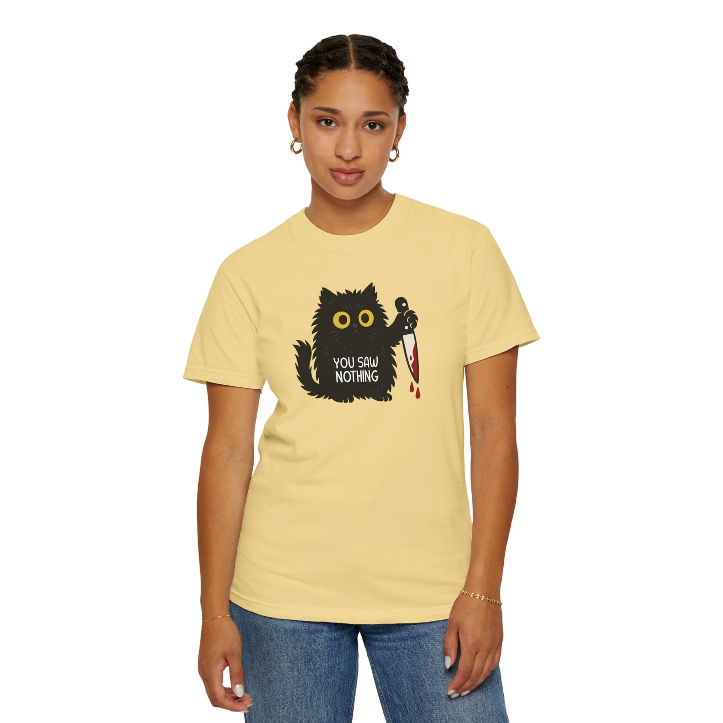 T-Shirt: You Saw Nothing - Funny Knife Cat Meme Graphic Tee - Dark Humor Unisex Shirt for Cat Lovers and Suspicious Vibes