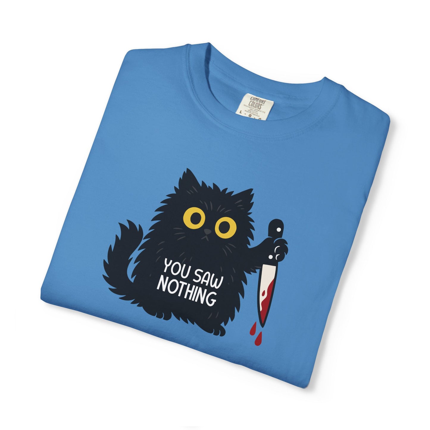 T-Shirt: You Saw Nothing - Funny Knife Cat Meme Graphic Tee - Dark Humor Unisex Shirt for Cat Lovers and Suspicious Vibes