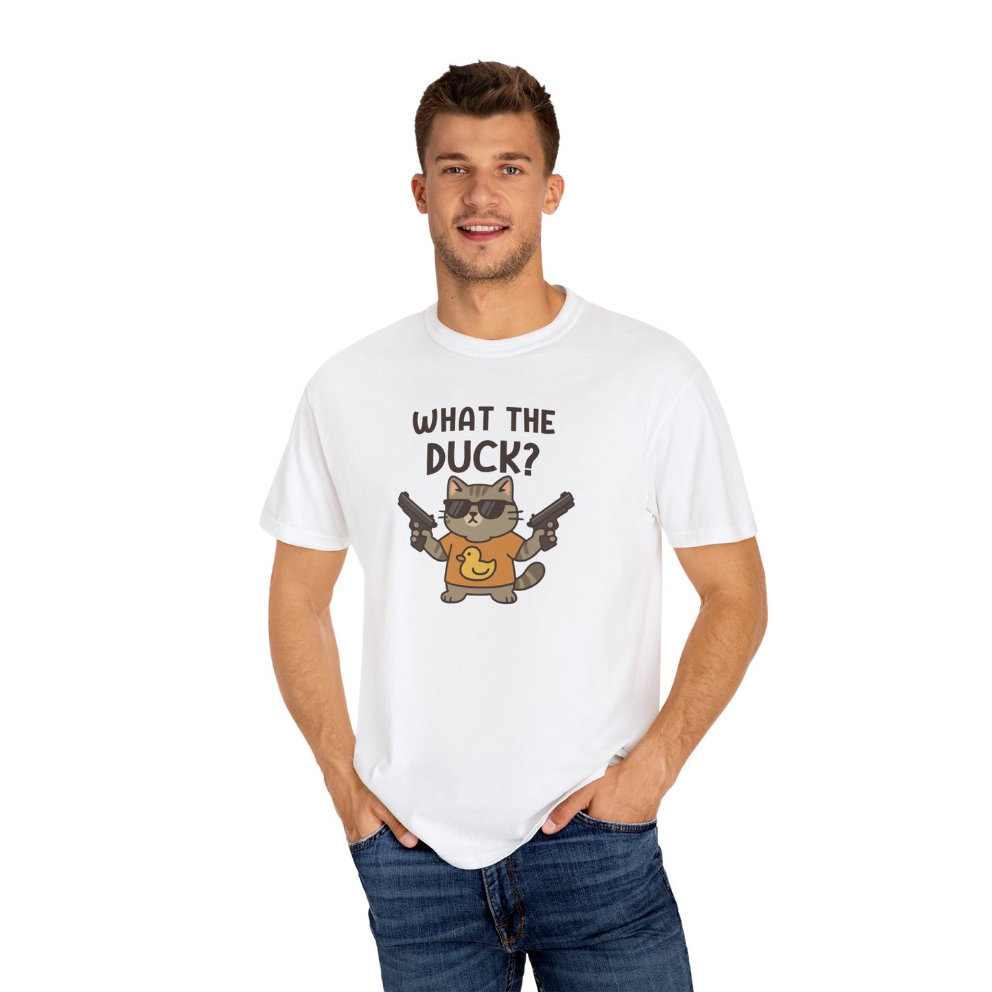 T-Shirt: What The Duck? - Funny Armed Cat Meme Graphic Tee - Humorous Unisex Shirt for Cat Lovers & Internet Humor Fans