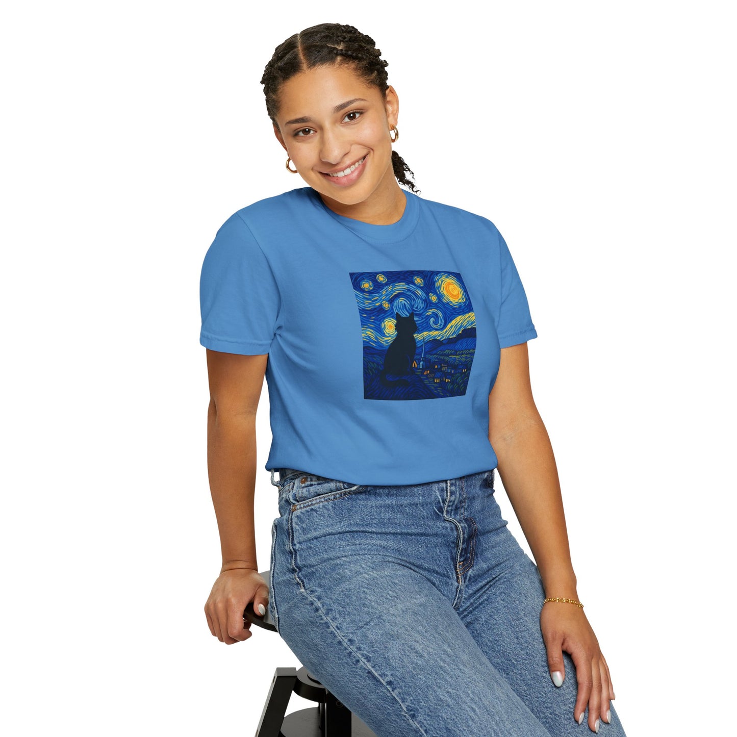 T-Shirt: The Starry Night with Cat - Van Gogh Parody Art Tee - Whimsical Unisex Shirt for Cat Lovers and Art Fans