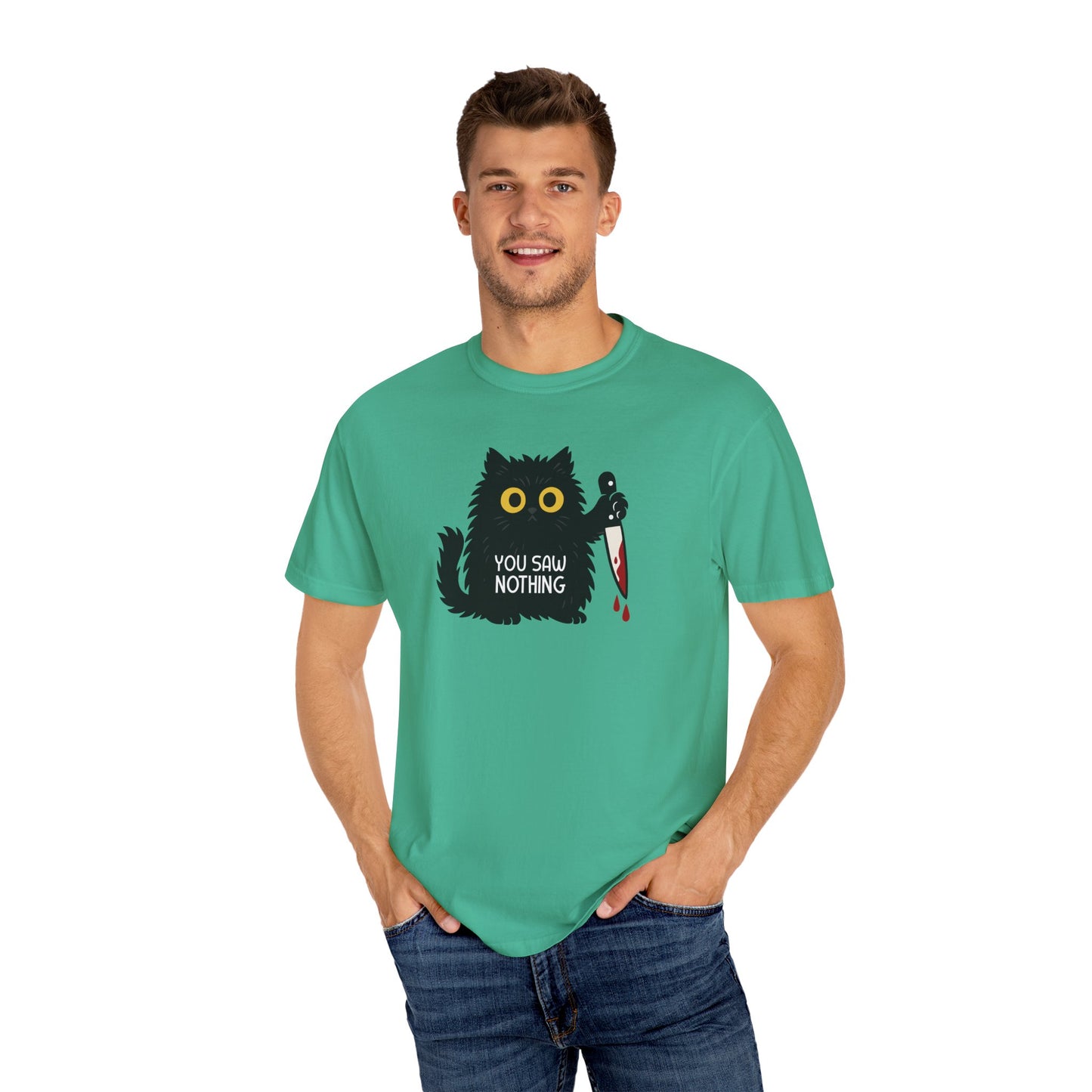 T-Shirt: You Saw Nothing - Funny Knife Cat Meme Graphic Tee - Dark Humor Unisex Shirt for Cat Lovers and Suspicious Vibes