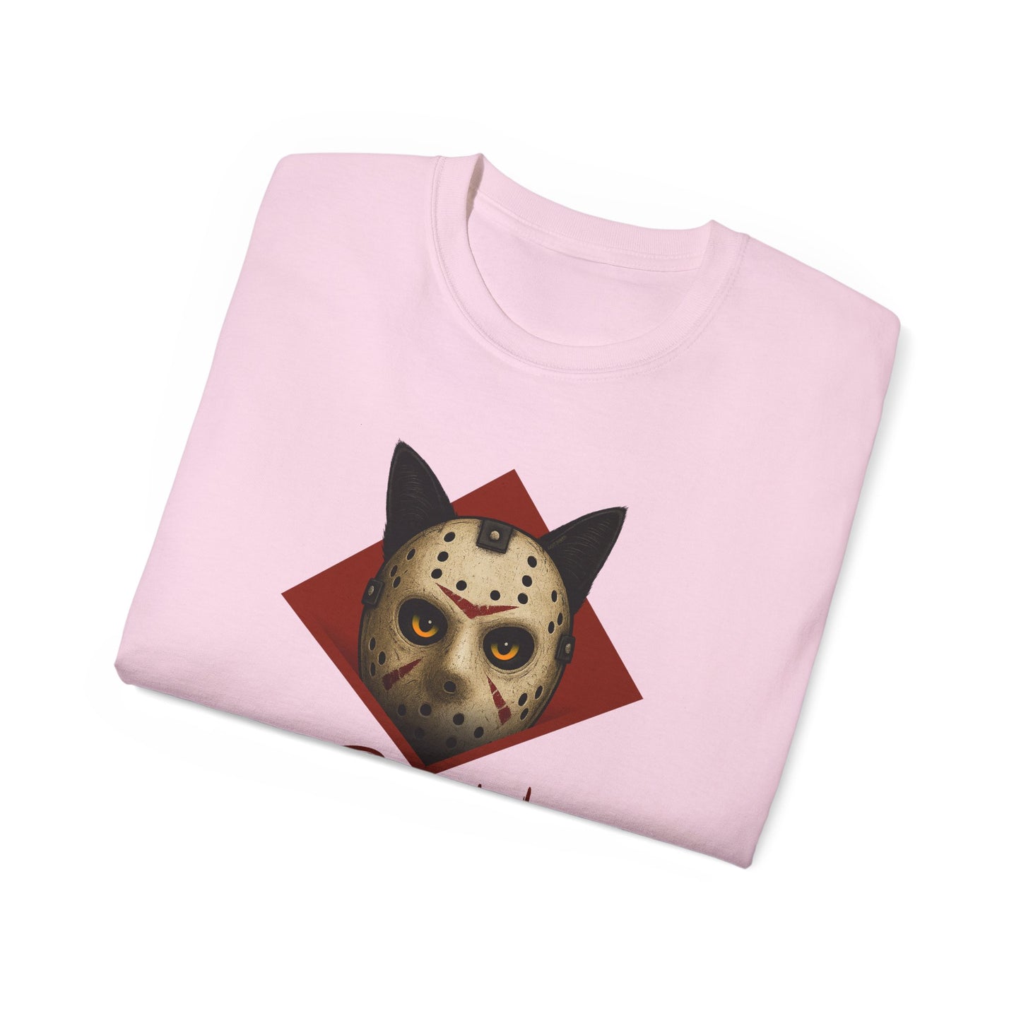 T-Shirt: RUN – Creepy Cat Horror Mask Graphic Tee – Halloween Scary Unisex Shirt for Spooky Season