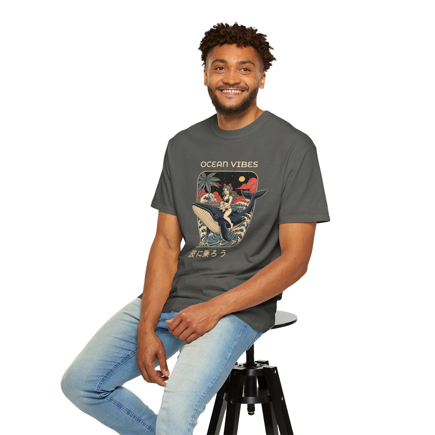 T-Shirt: Ocean Vibes – Anime Whale Rider Tee – Retro Japanese Style Shirt – Cat Girl Graphic Unisex Top for Surfers & Dreamers