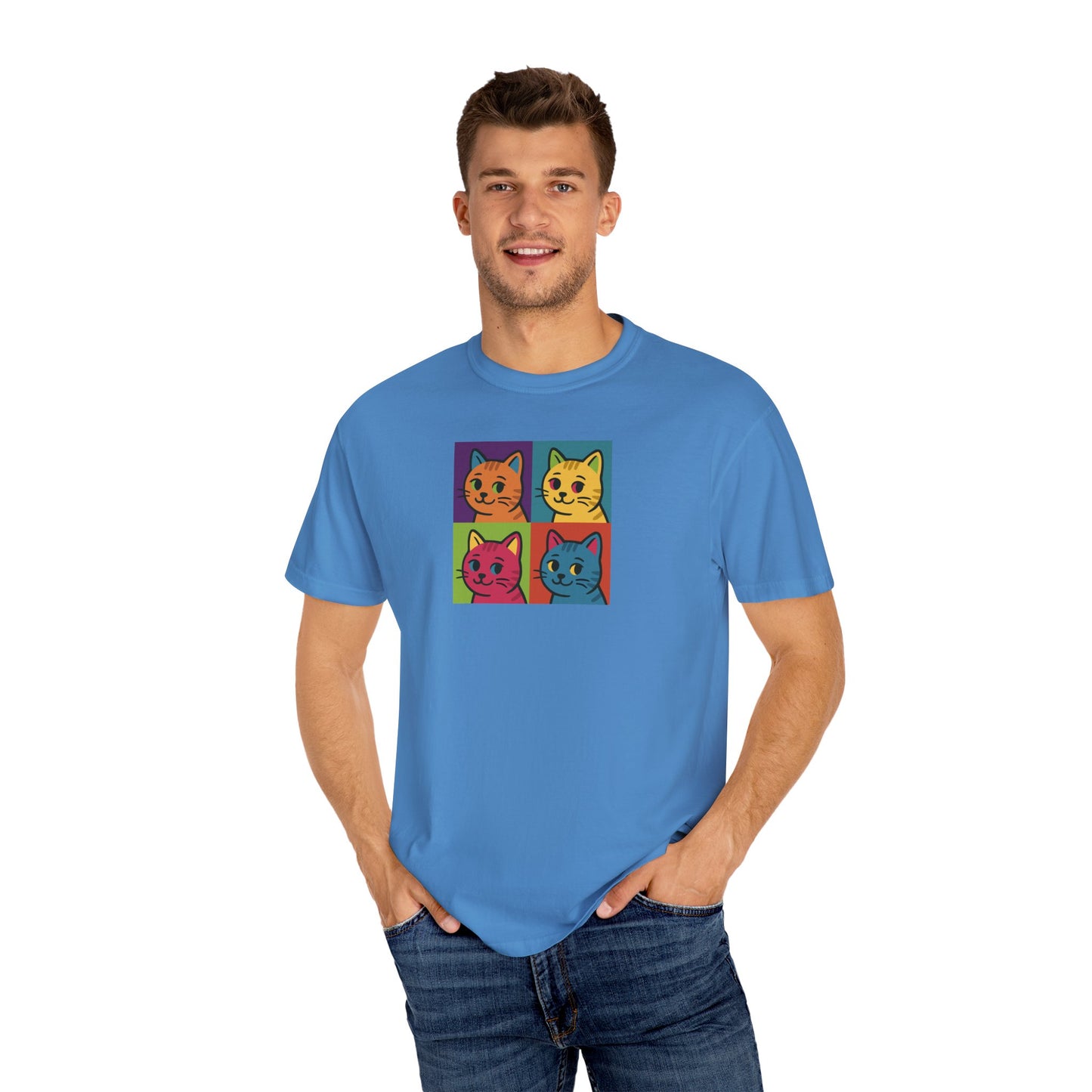T-Shirt: Pop Art Cats - Colorful Retro Style Kitty Faces Graphic Tee - Funny Unisex Shirt for Cat Lovers and Art Fans