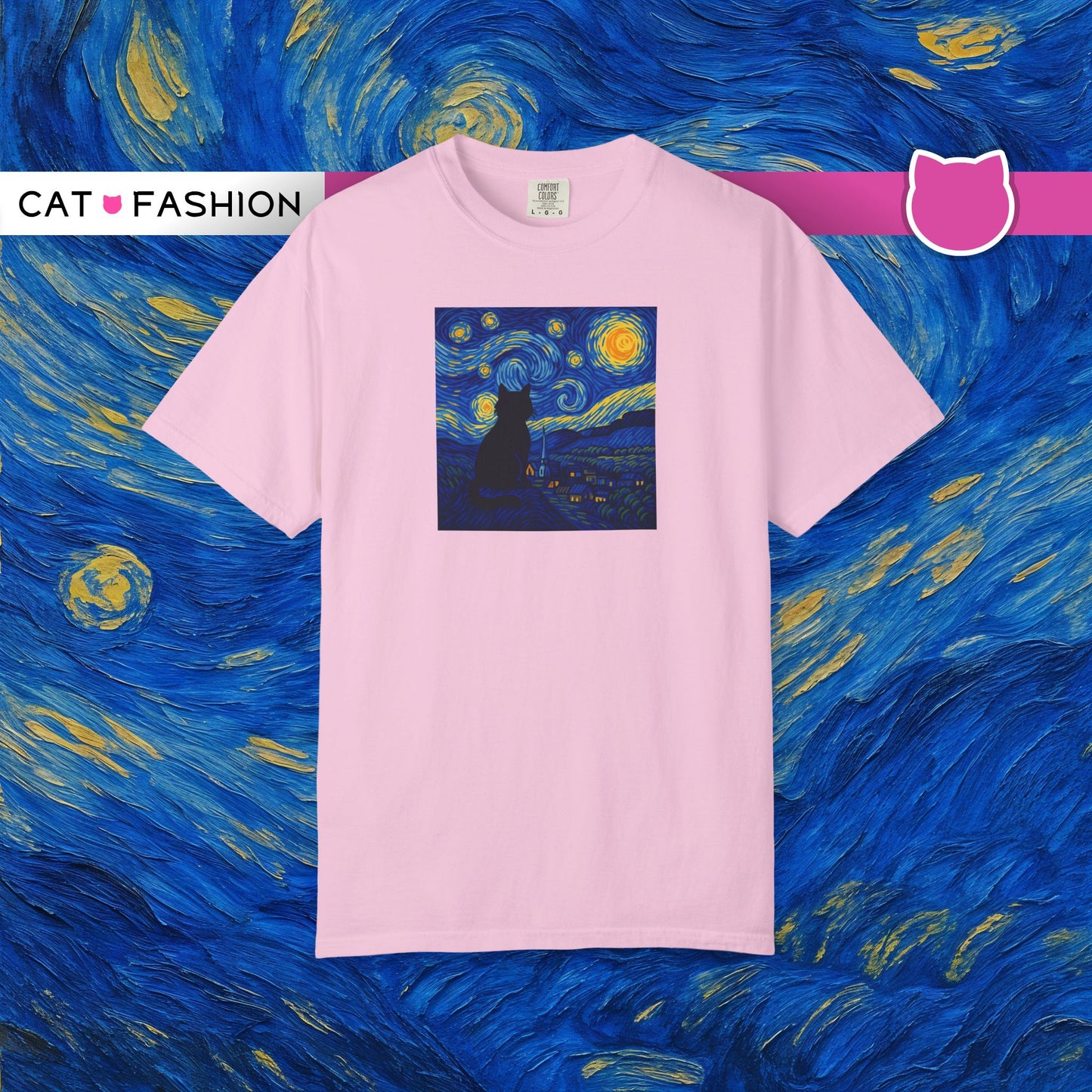 T-Shirt: The Starry Night with Cat - Van Gogh Parody Art Tee - Whimsical Unisex Shirt for Cat Lovers and Art Fans