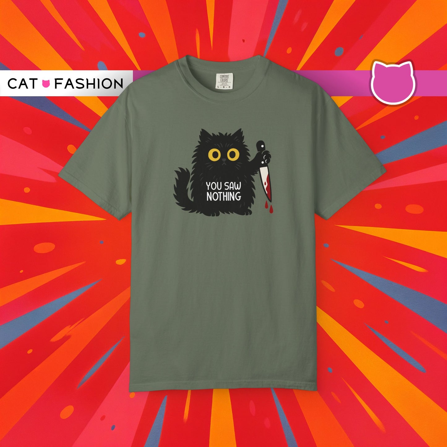 T-Shirt: You Saw Nothing - Funny Knife Cat Meme Graphic Tee - Dark Humor Unisex Shirt for Cat Lovers and Suspicious Vibes