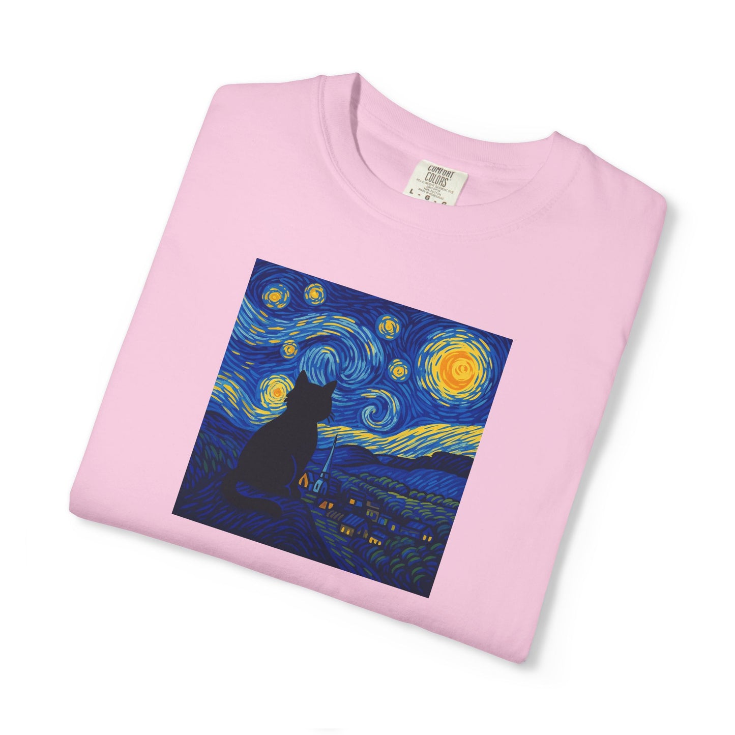 T-Shirt: The Starry Night with Cat - Van Gogh Parody Art Tee - Whimsical Unisex Shirt for Cat Lovers and Art Fans