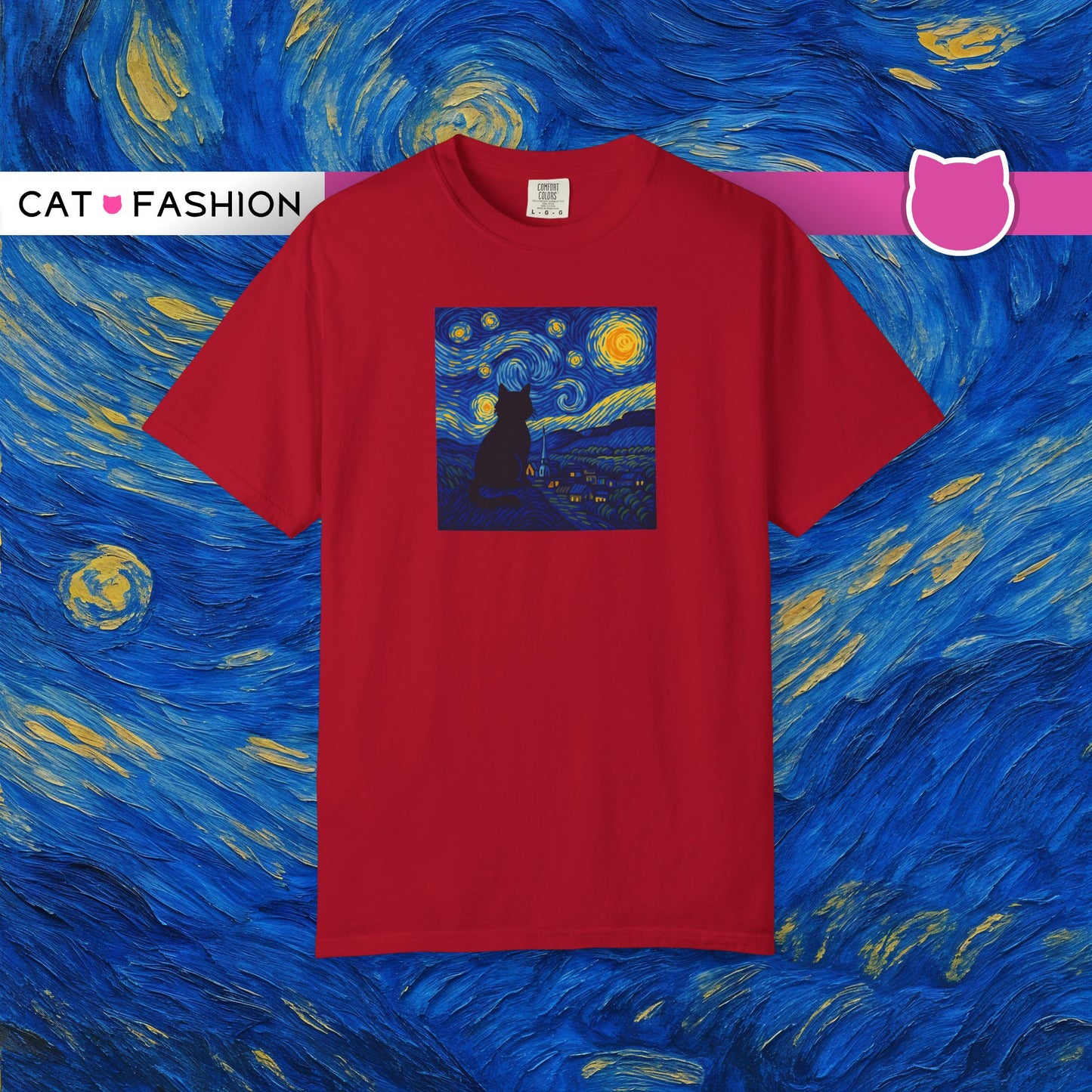 T-Shirt: The Starry Night with Cat - Van Gogh Parody Art Tee - Whimsical Unisex Shirt for Cat Lovers and Art Fans