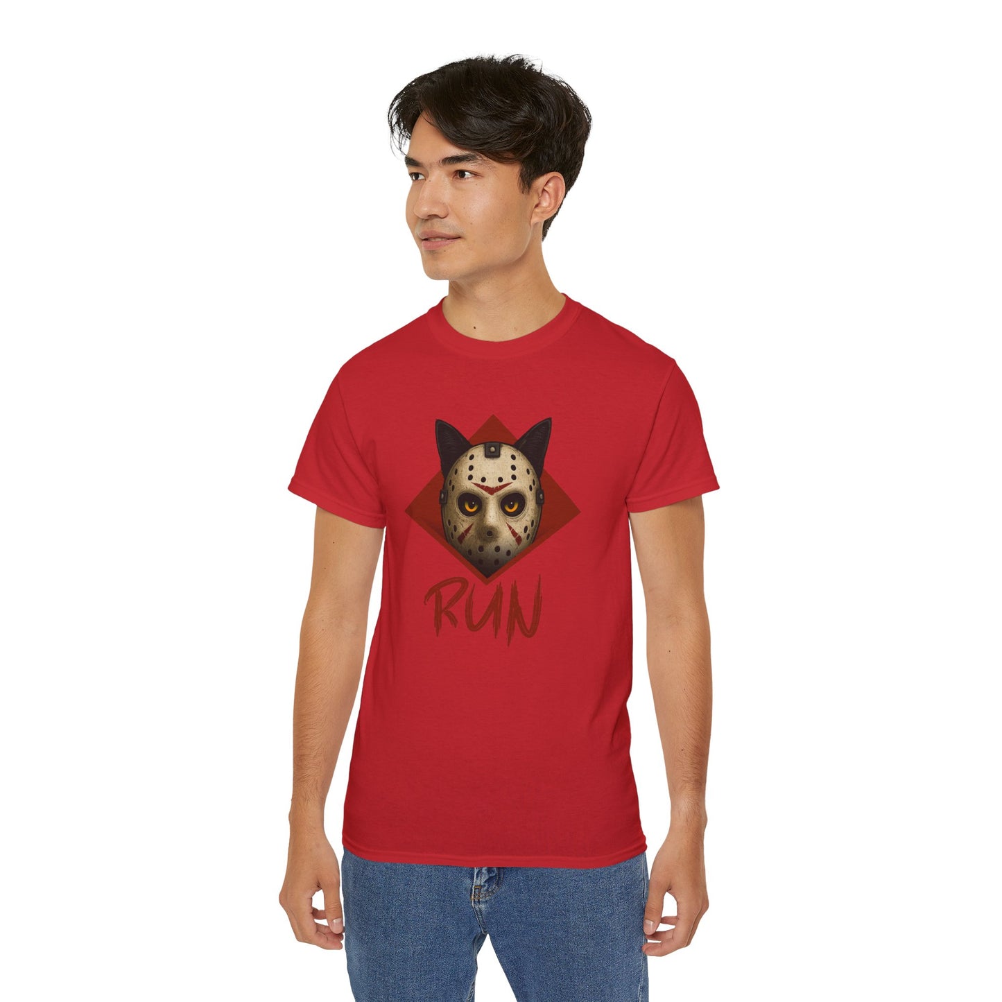 T-Shirt: RUN – Creepy Cat Horror Mask Graphic Tee – Halloween Scary Unisex Shirt for Spooky Season