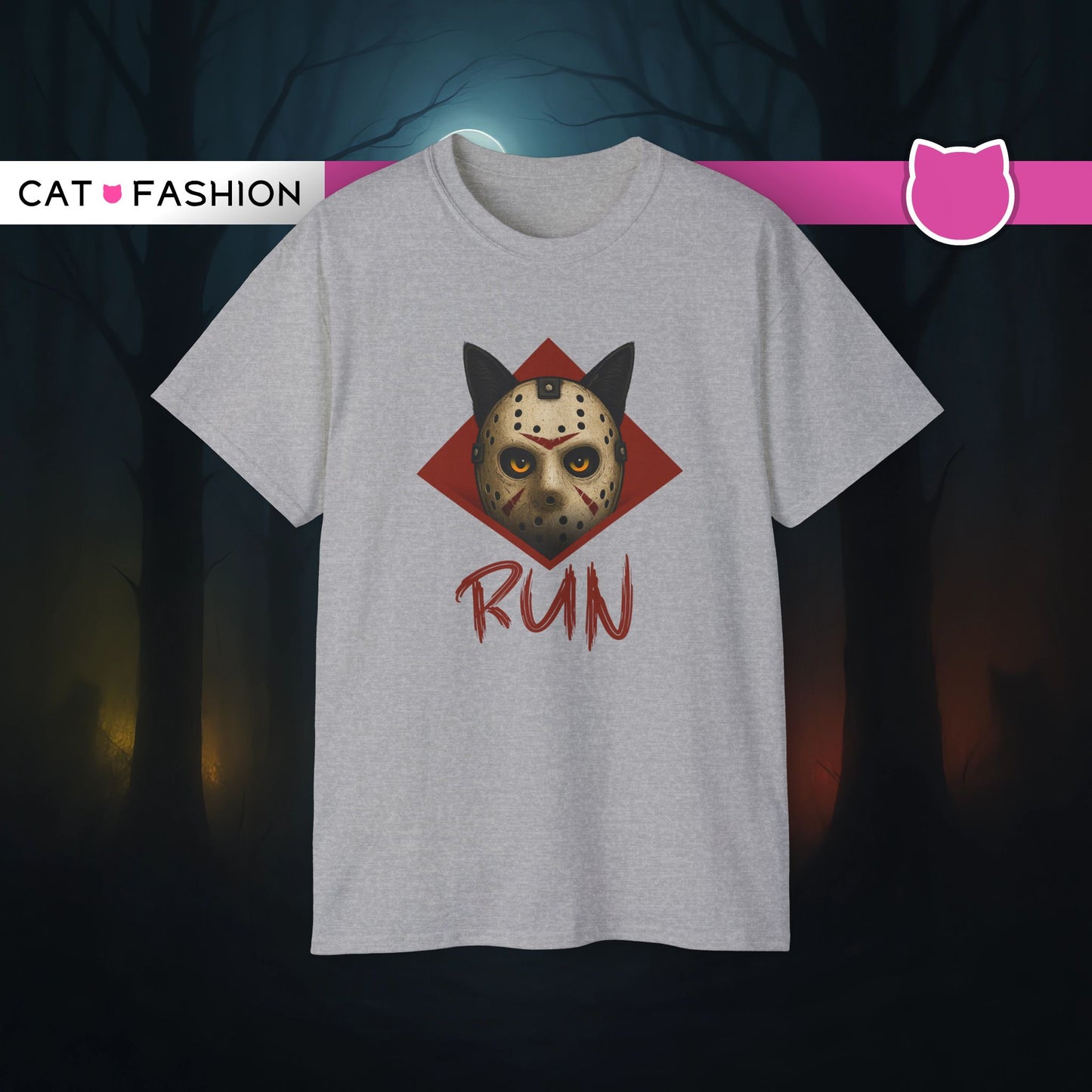 T-Shirt: RUN – Creepy Cat Horror Mask Graphic Tee – Halloween Scary Unisex Shirt for Spooky Season