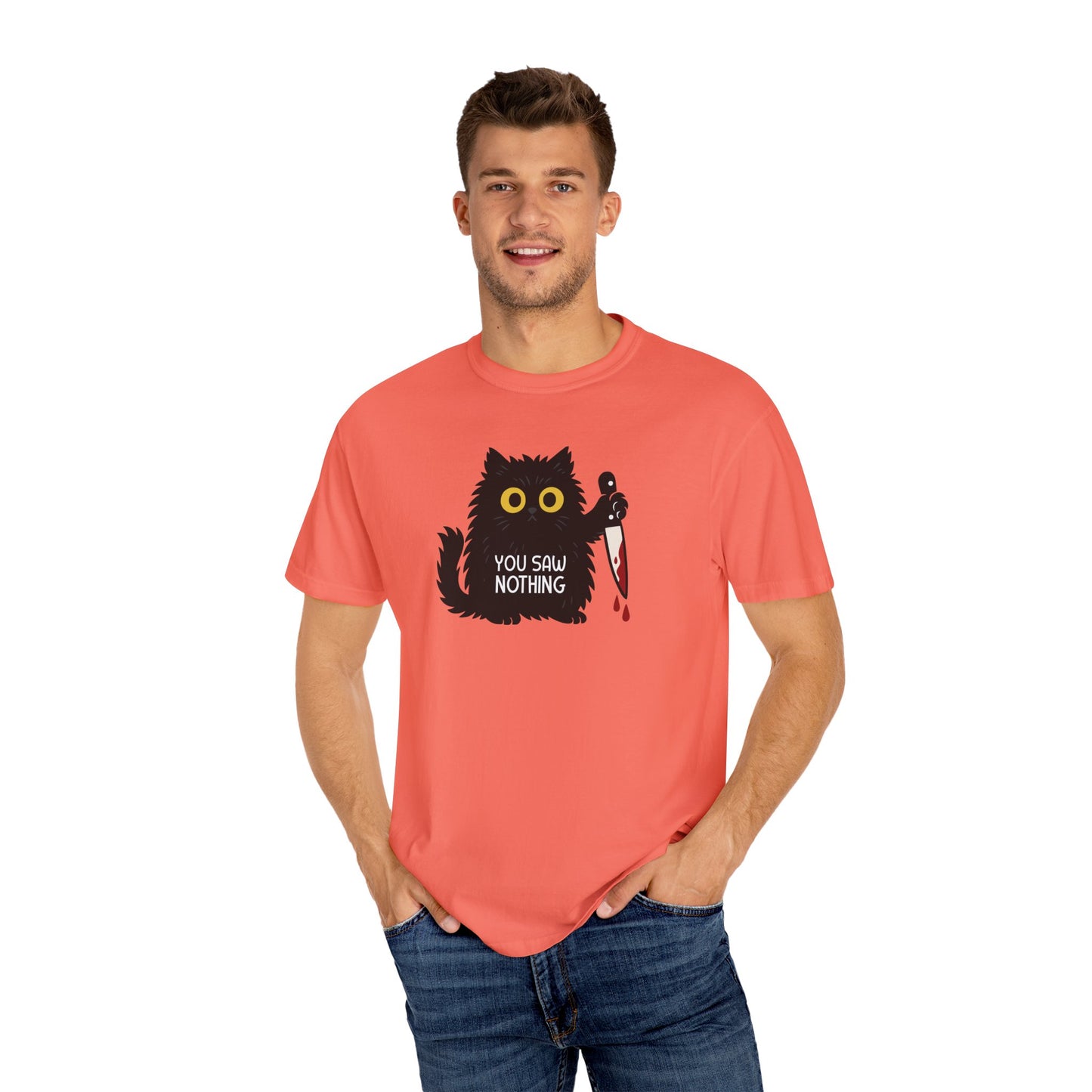 T-Shirt: You Saw Nothing - Funny Knife Cat Meme Graphic Tee - Dark Humor Unisex Shirt for Cat Lovers and Suspicious Vibes