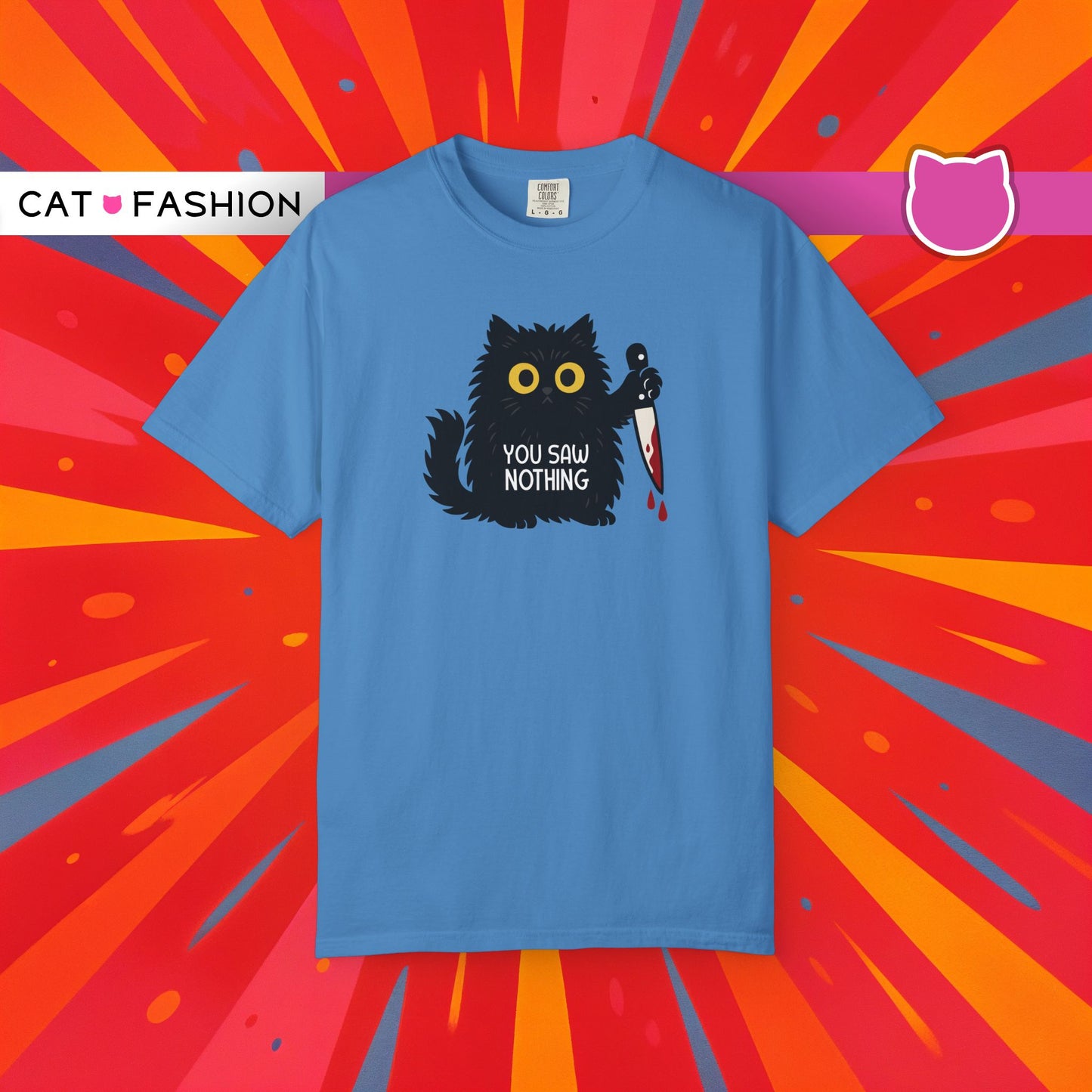 T-Shirt: You Saw Nothing - Funny Knife Cat Meme Graphic Tee - Dark Humor Unisex Shirt for Cat Lovers and Suspicious Vibes
