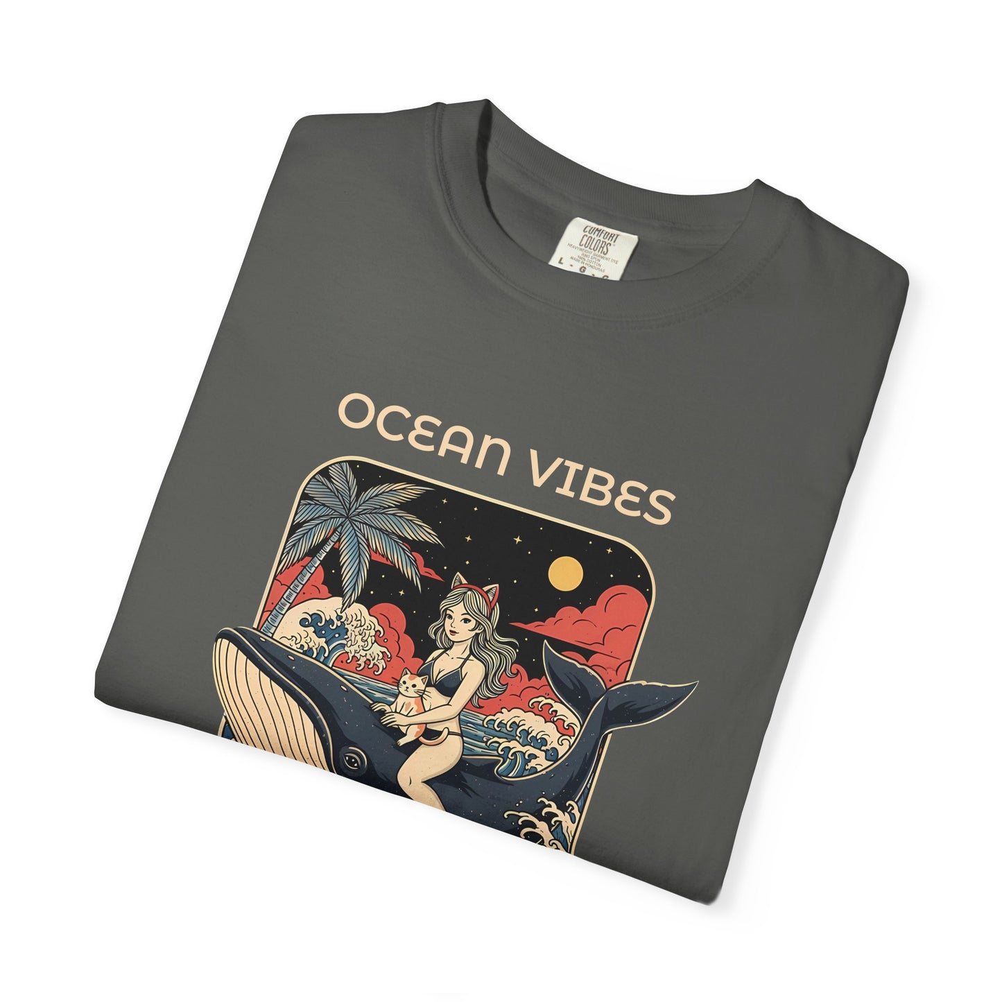 T-Shirt: Ocean Vibes – Anime Whale Rider Tee – Retro Japanese Style Shirt – Cat Girl Graphic Unisex Top for Surfers & Dreamers