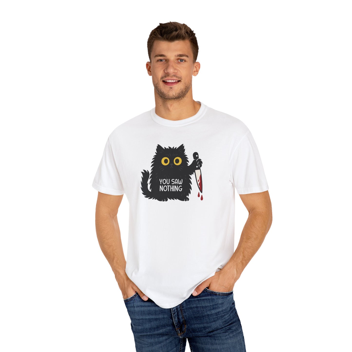 T-Shirt: You Saw Nothing - Funny Knife Cat Meme Graphic Tee - Dark Humor Unisex Shirt for Cat Lovers and Suspicious Vibes