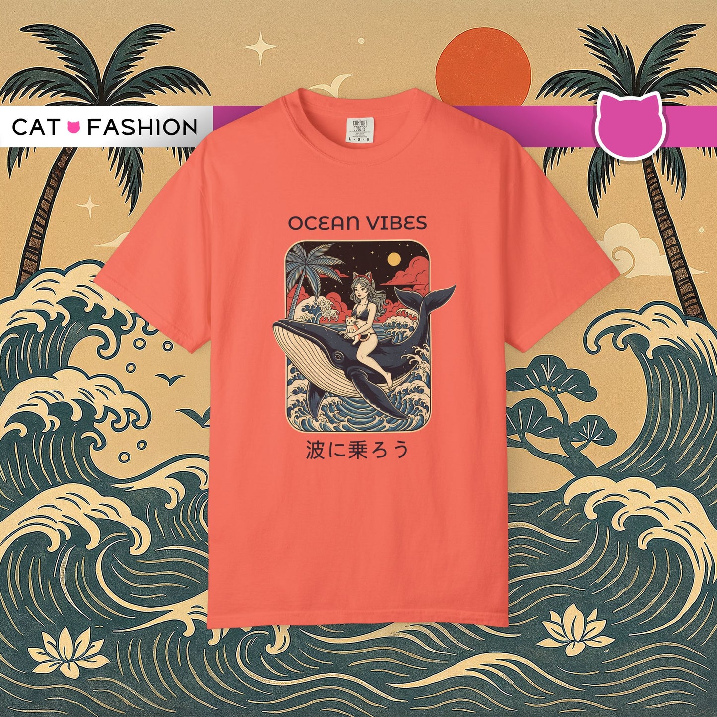 T-Shirt: Ocean Vibes – Anime Whale Rider Tee – Retro Japanese Style Shirt – Cat Girl Graphic Unisex Top for Surfers & Dreamers