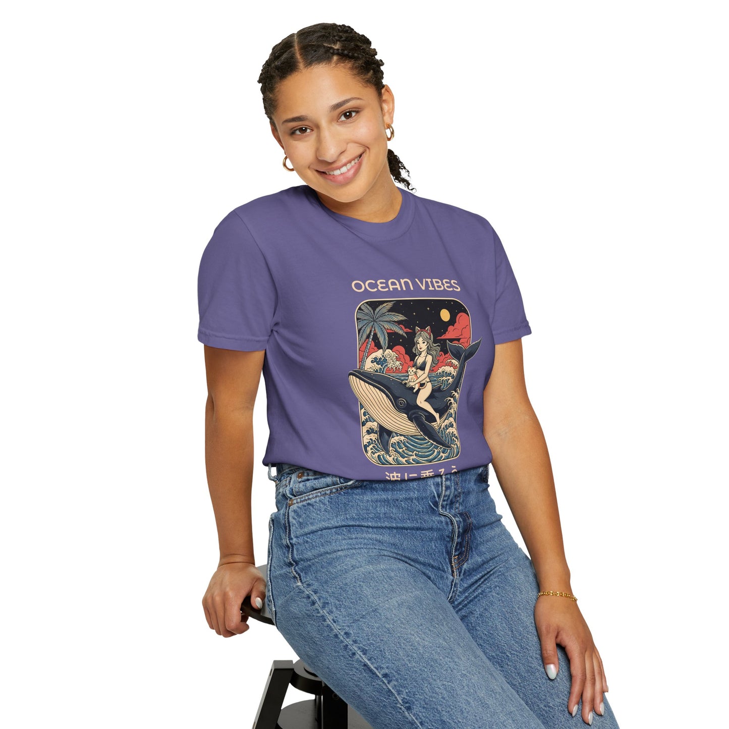 T-Shirt: Ocean Vibes – Anime Whale Rider Tee – Retro Japanese Style Shirt – Cat Girl Graphic Unisex Top for Surfers & Dreamers
