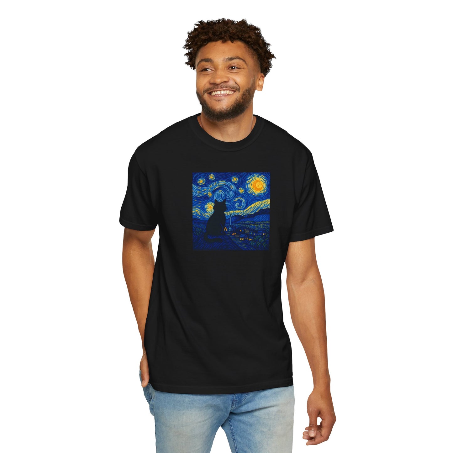 T-Shirt: The Starry Night with Cat - Van Gogh Parody Art Tee - Whimsical Unisex Shirt for Cat Lovers and Art Fans