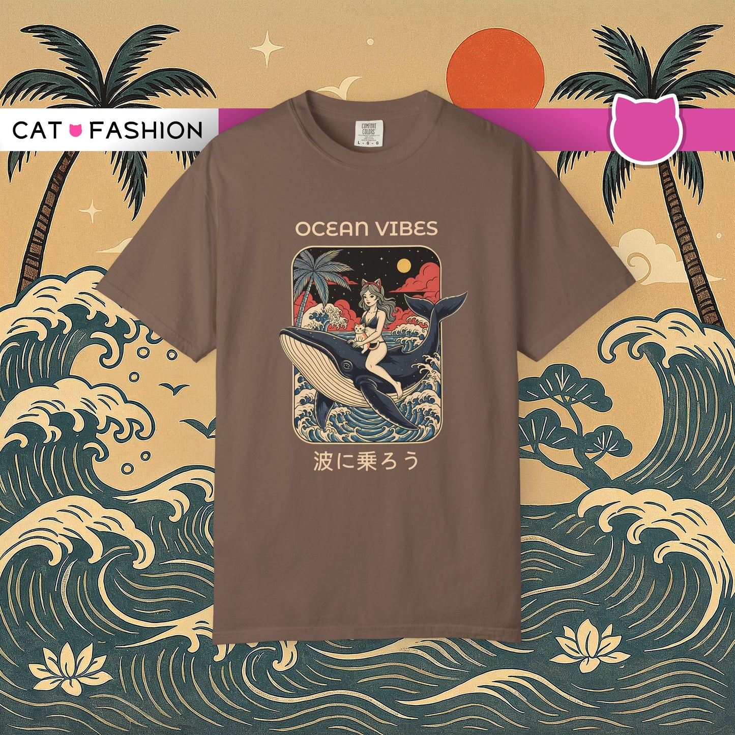 T-Shirt: Ocean Vibes – Anime Whale Rider Tee – Retro Japanese Style Shirt – Cat Girl Graphic Unisex Top for Surfers & Dreamers