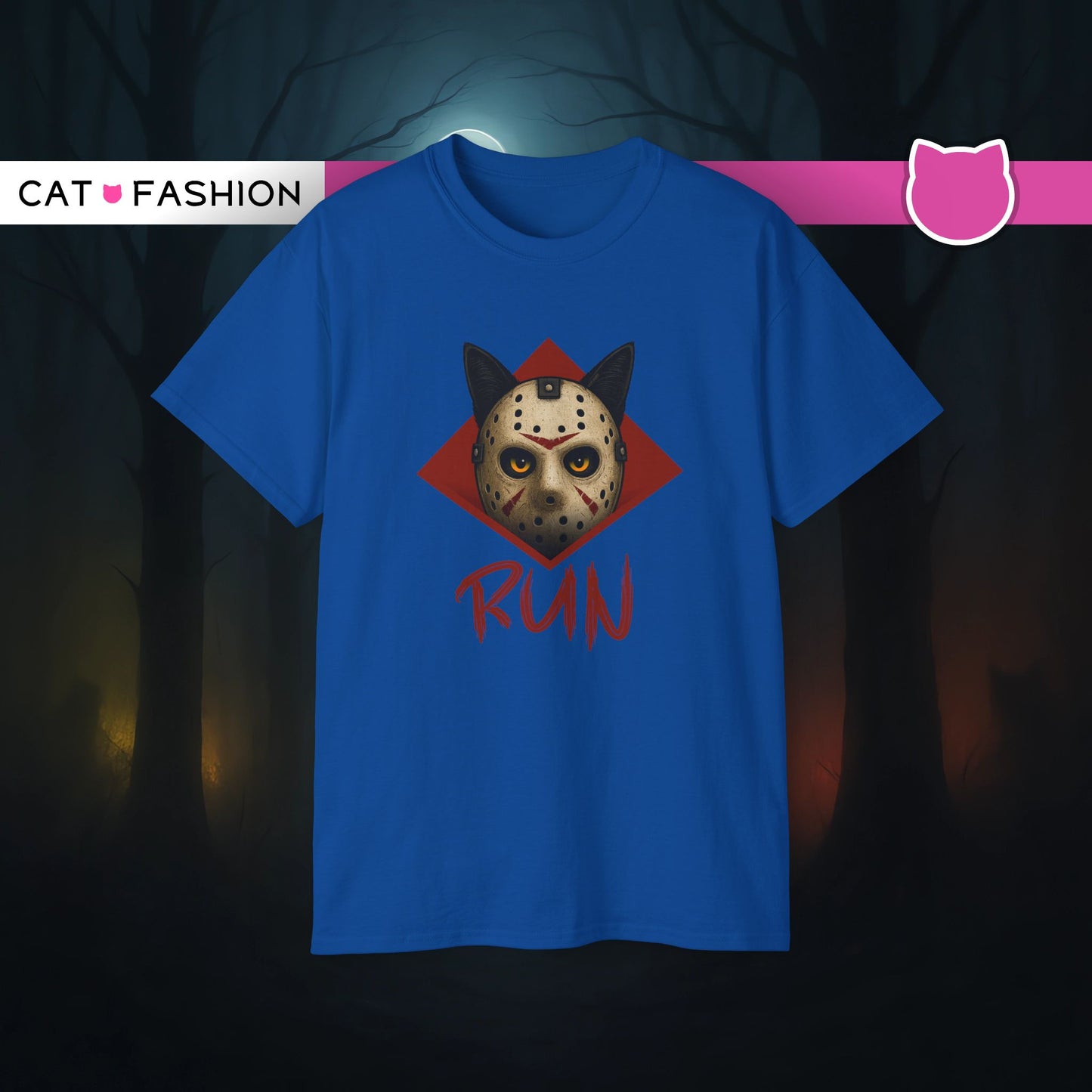 T-Shirt: RUN – Creepy Cat Horror Mask Graphic Tee – Halloween Scary Unisex Shirt for Spooky Season