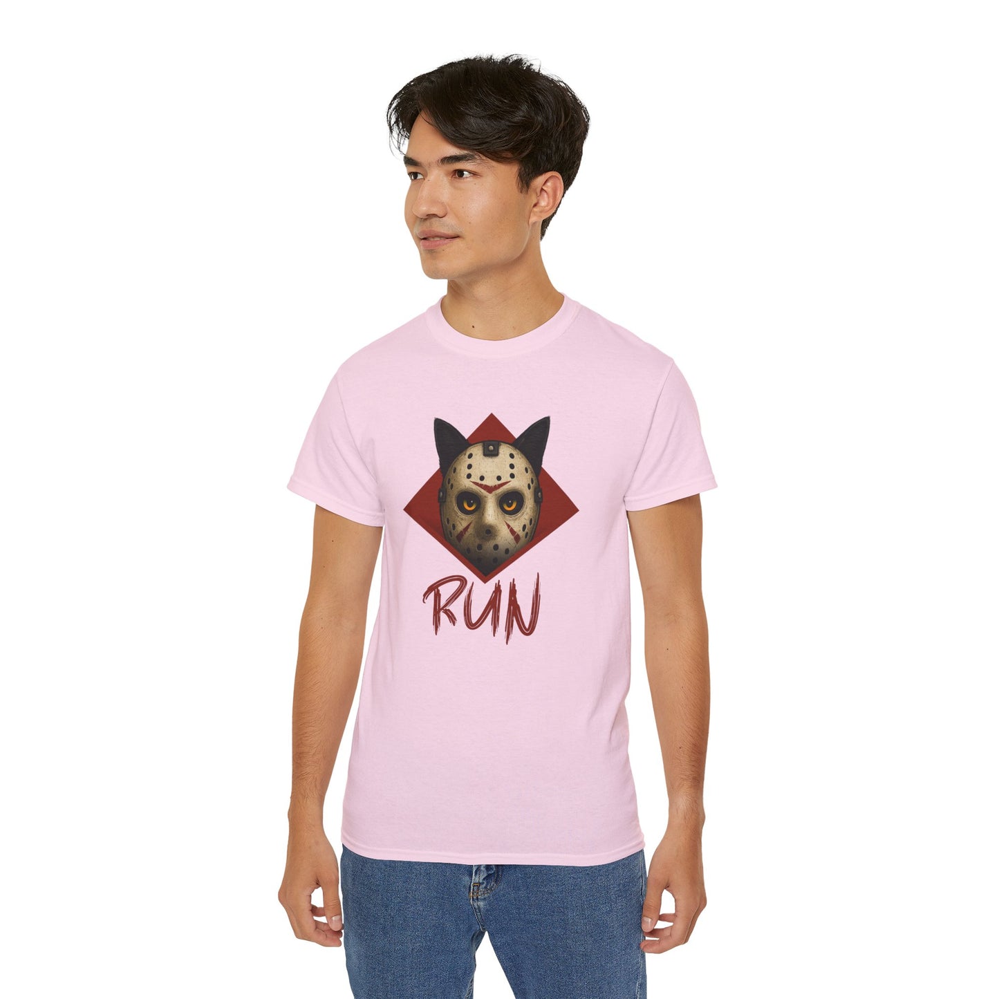 T-Shirt: RUN – Creepy Cat Horror Mask Graphic Tee – Halloween Scary Unisex Shirt for Spooky Season