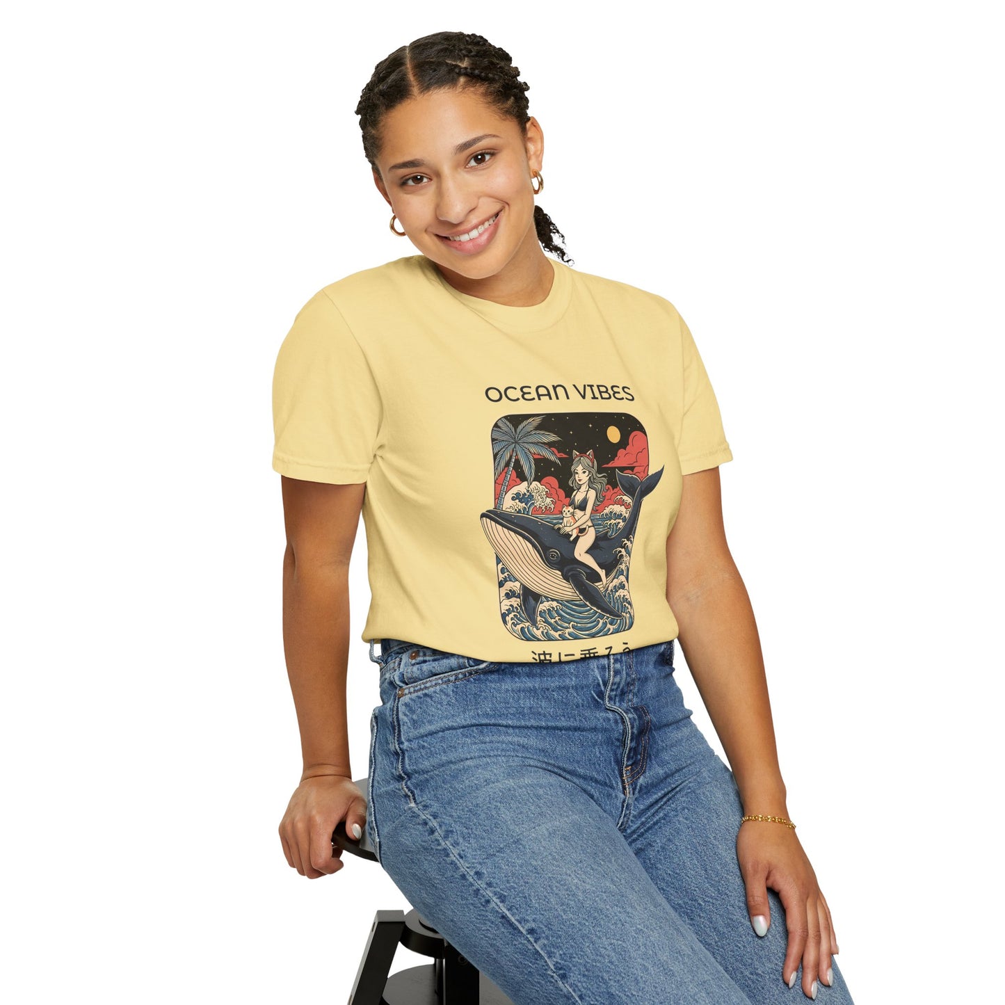 T-Shirt: Ocean Vibes – Anime Whale Rider Tee – Retro Japanese Style Shirt – Cat Girl Graphic Unisex Top for Surfers & Dreamers