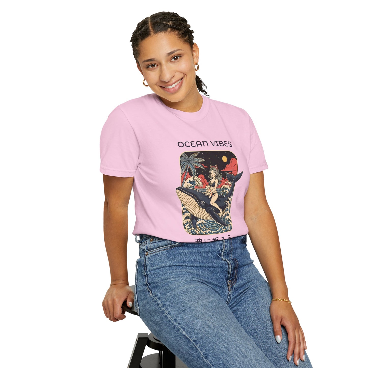 T-Shirt: Ocean Vibes – Anime Whale Rider Tee – Retro Japanese Style Shirt – Cat Girl Graphic Unisex Top for Surfers & Dreamers