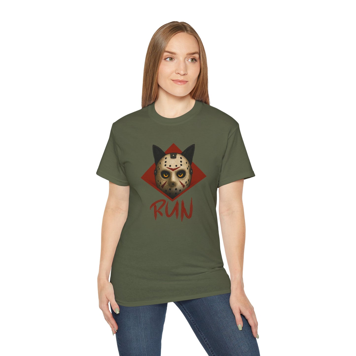 T-Shirt: RUN – Creepy Cat Horror Mask Graphic Tee – Halloween Scary Unisex Shirt for Spooky Season