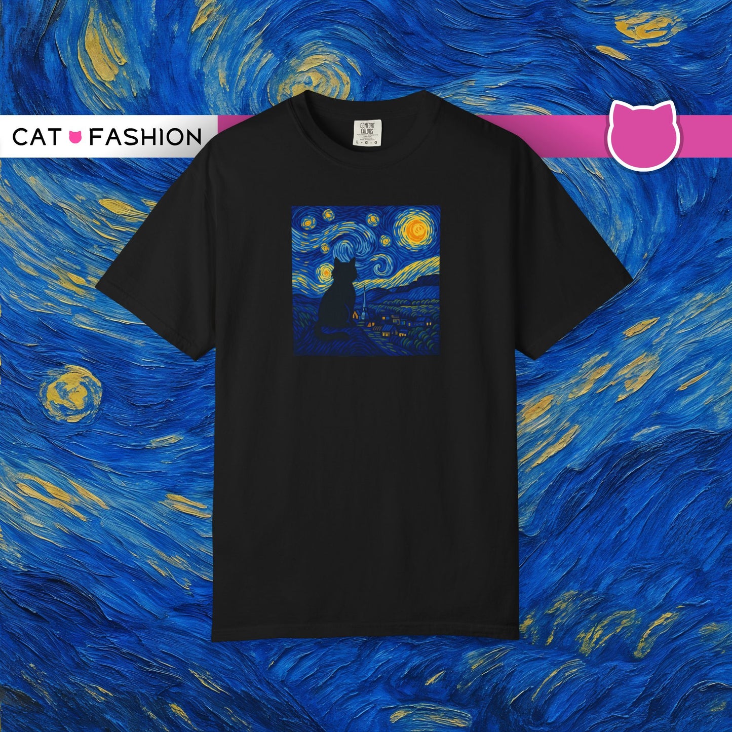 T-Shirt: The Starry Night with Cat - Van Gogh Parody Art Tee - Whimsical Unisex Shirt for Cat Lovers and Art Fans