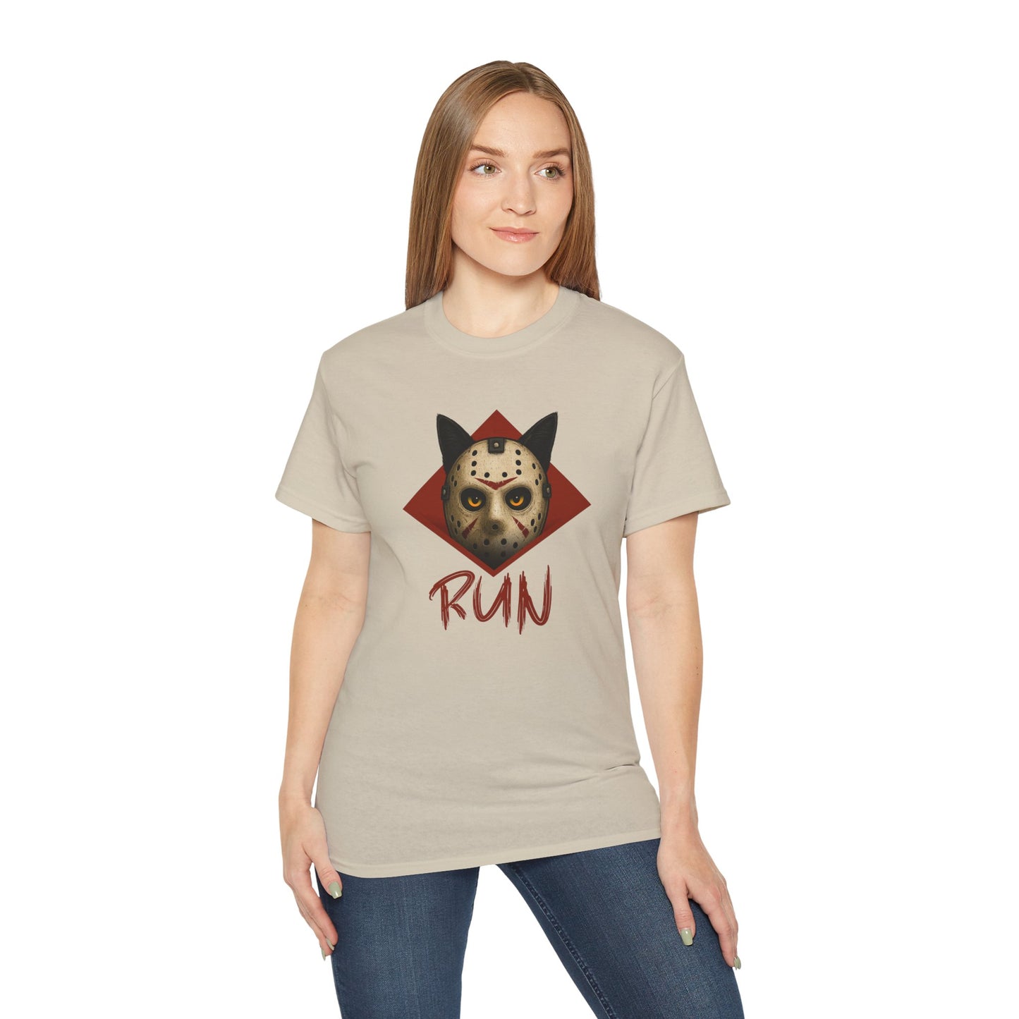 T-Shirt: RUN – Creepy Cat Horror Mask Graphic Tee – Halloween Scary Unisex Shirt for Spooky Season