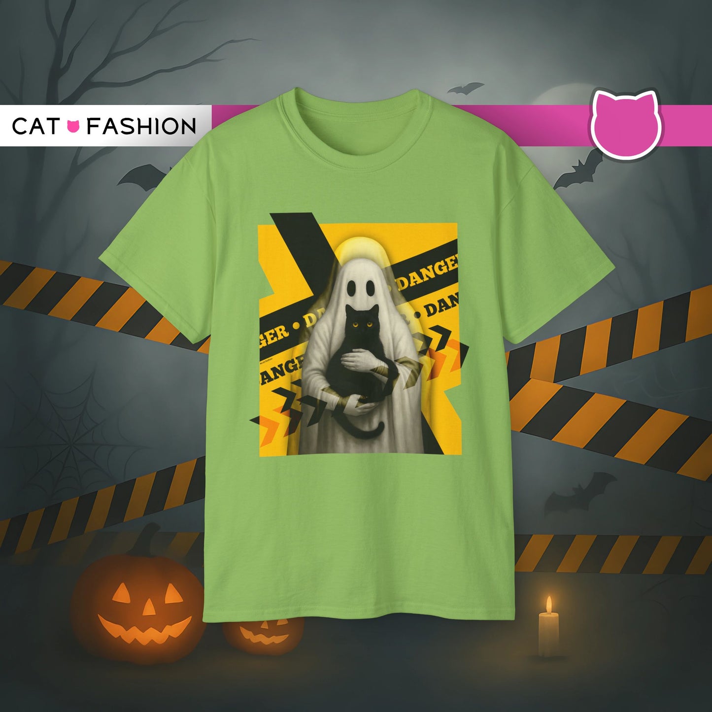 T-Shirt: Danger Cat and Ghost – Spooky Halloween Graphic Tee – Funny Unisex Shirt for Horror Fans