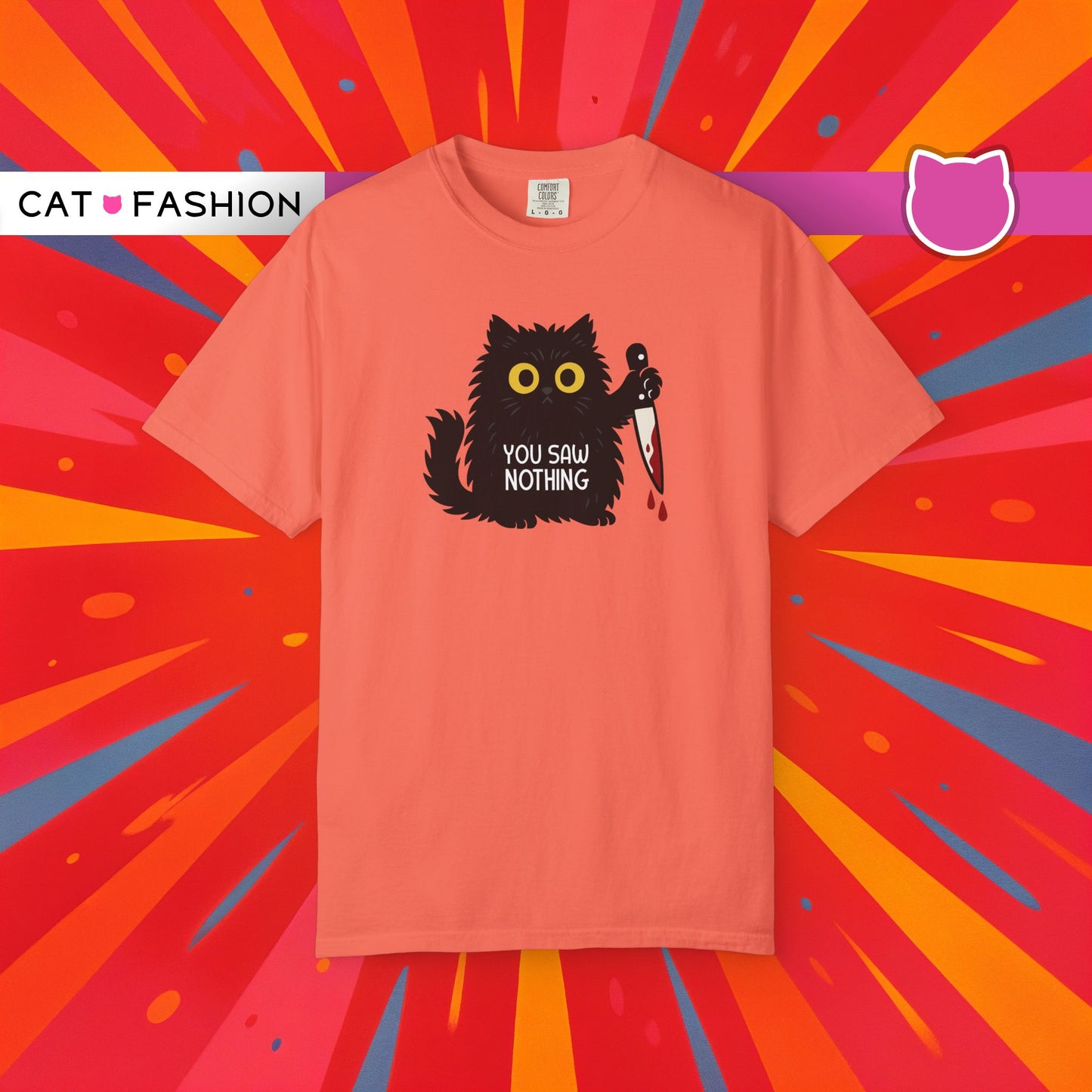 T-Shirt: You Saw Nothing - Funny Knife Cat Meme Graphic Tee - Dark Humor Unisex Shirt for Cat Lovers and Suspicious Vibes