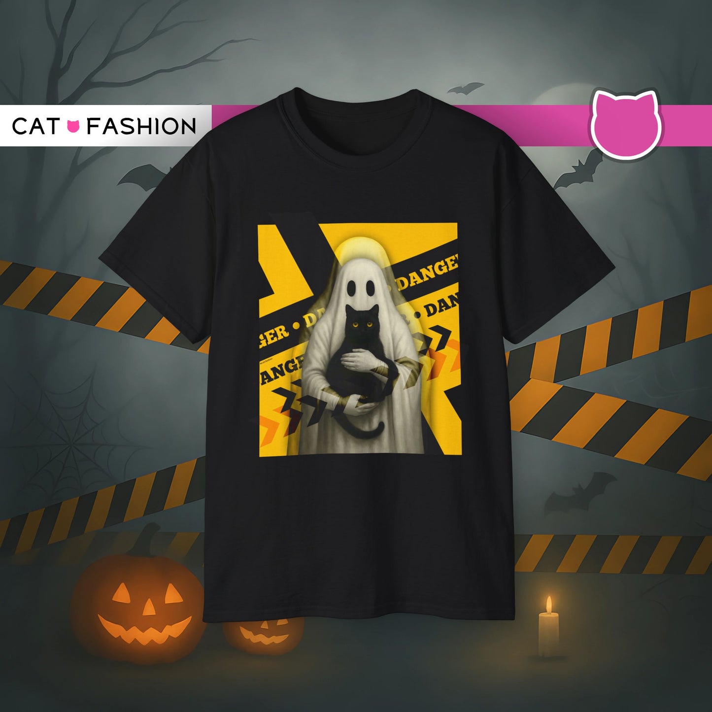 T-Shirt: Danger Cat and Ghost – Spooky Halloween Graphic Tee – Funny Unisex Shirt for Horror Fans