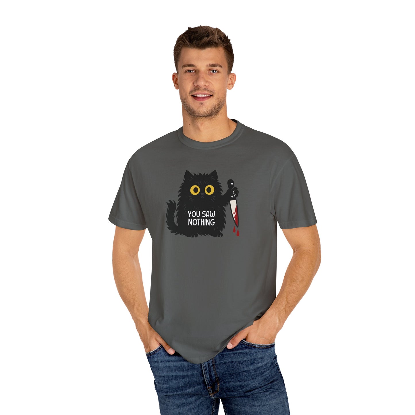 T-Shirt: You Saw Nothing - Funny Knife Cat Meme Graphic Tee - Dark Humor Unisex Shirt for Cat Lovers and Suspicious Vibes