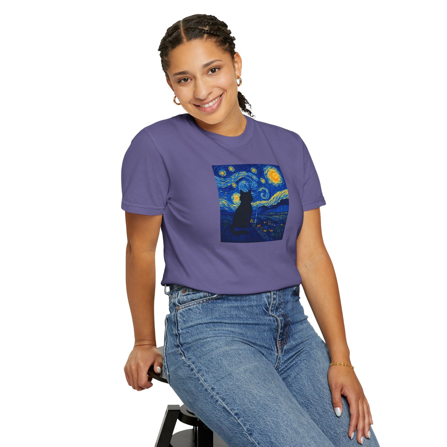 T-Shirt: The Starry Night with Cat - Van Gogh Parody Art Tee - Whimsical Unisex Shirt for Cat Lovers and Art Fans