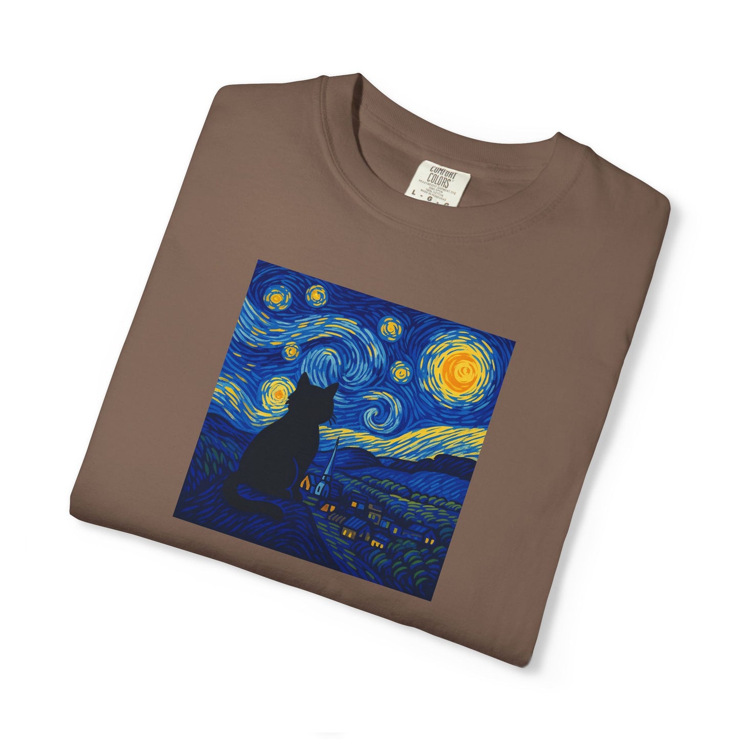 T-Shirt: The Starry Night with Cat - Van Gogh Parody Art Tee - Whimsical Unisex Shirt for Cat Lovers and Art Fans