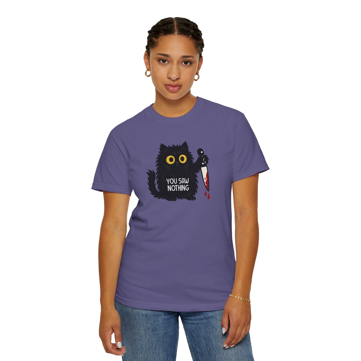T-Shirt: You Saw Nothing - Funny Knife Cat Meme Graphic Tee - Dark Humor Unisex Shirt for Cat Lovers and Suspicious Vibes