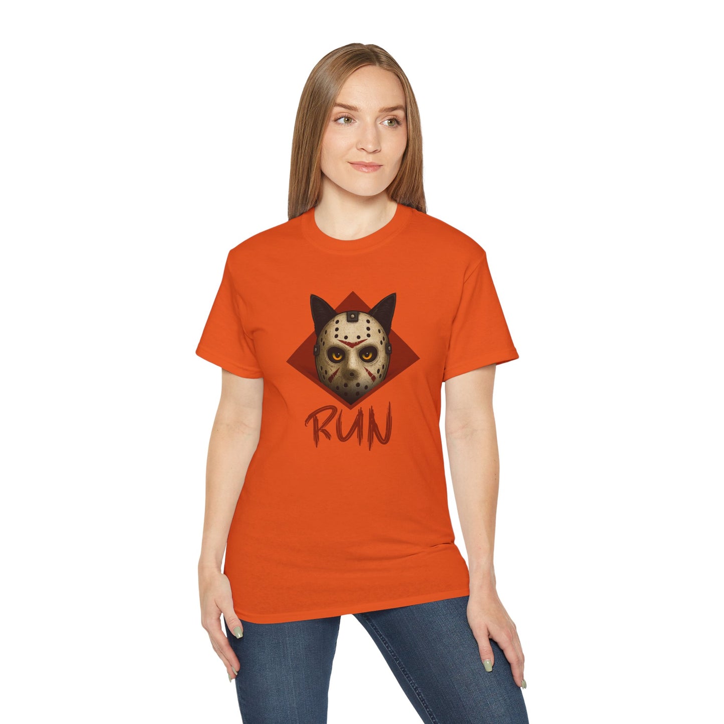 T-Shirt: RUN – Creepy Cat Horror Mask Graphic Tee – Halloween Scary Unisex Shirt for Spooky Season