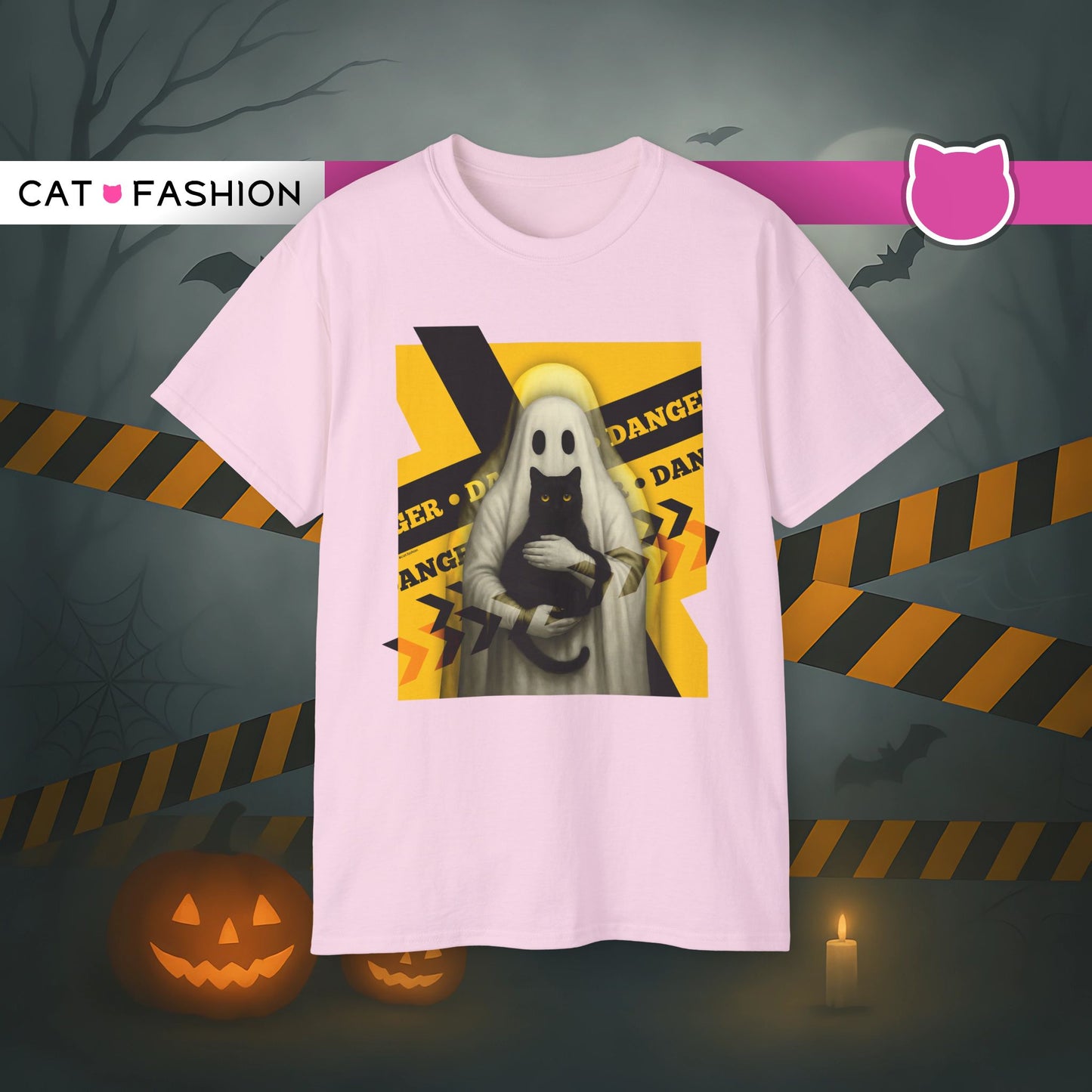 T-Shirt: Danger Cat and Ghost – Spooky Halloween Graphic Tee – Funny Unisex Shirt for Horror Fans