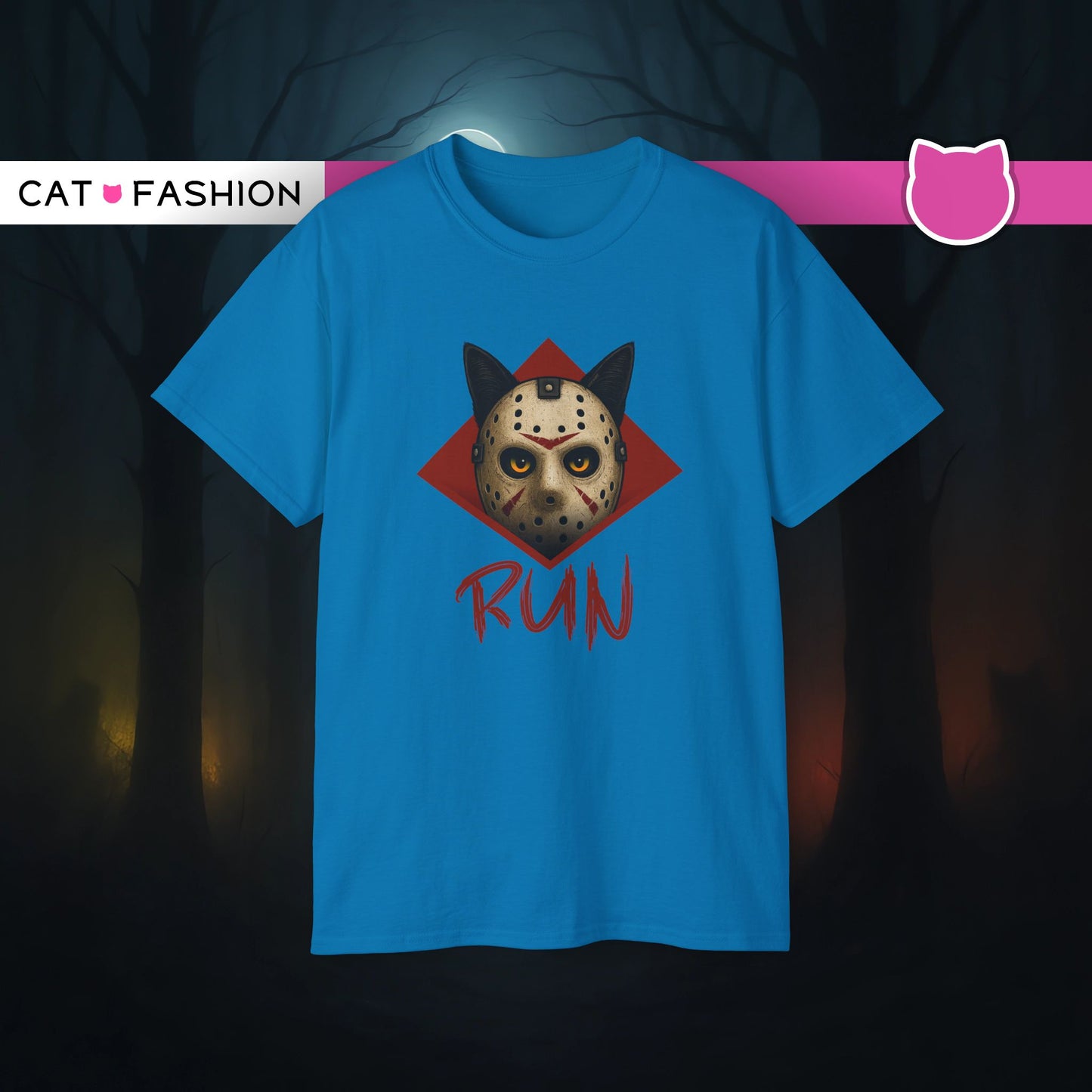T-Shirt: RUN – Creepy Cat Horror Mask Graphic Tee – Halloween Scary Unisex Shirt for Spooky Season