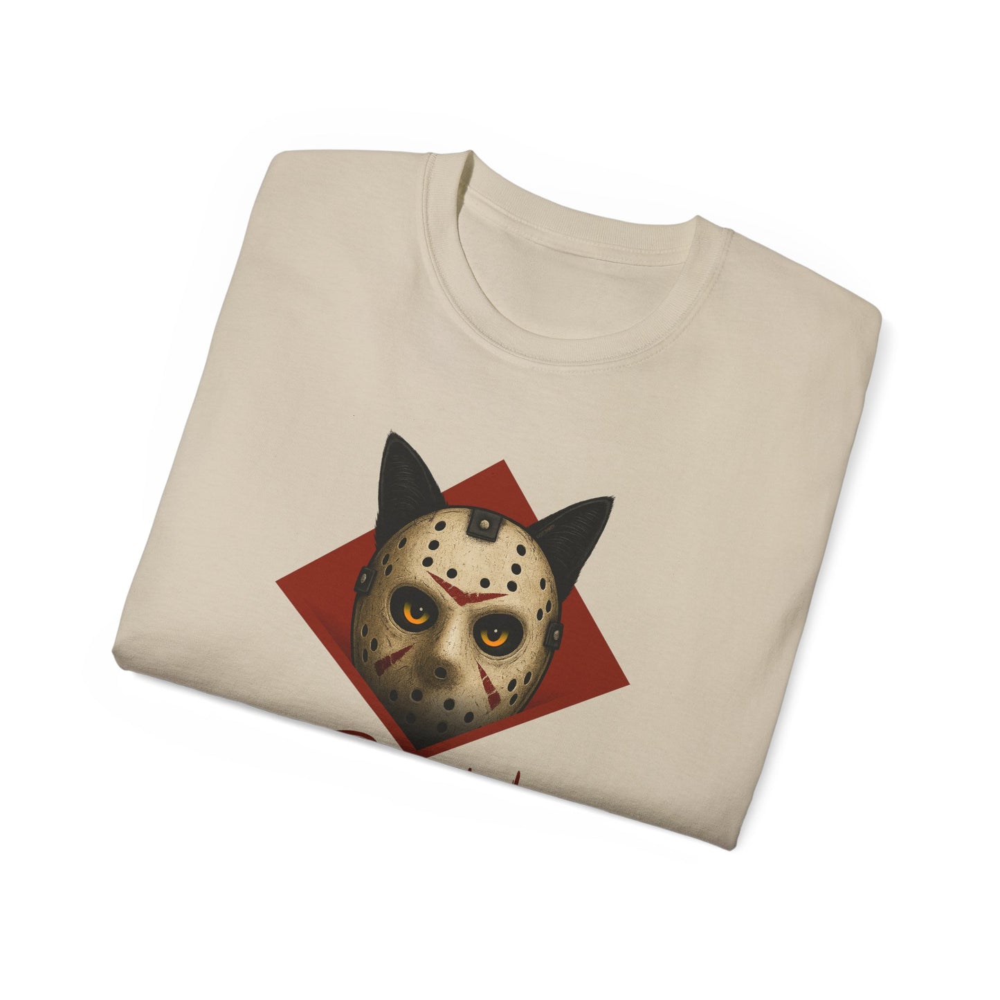 T-Shirt: RUN – Creepy Cat Horror Mask Graphic Tee – Halloween Scary Unisex Shirt for Spooky Season