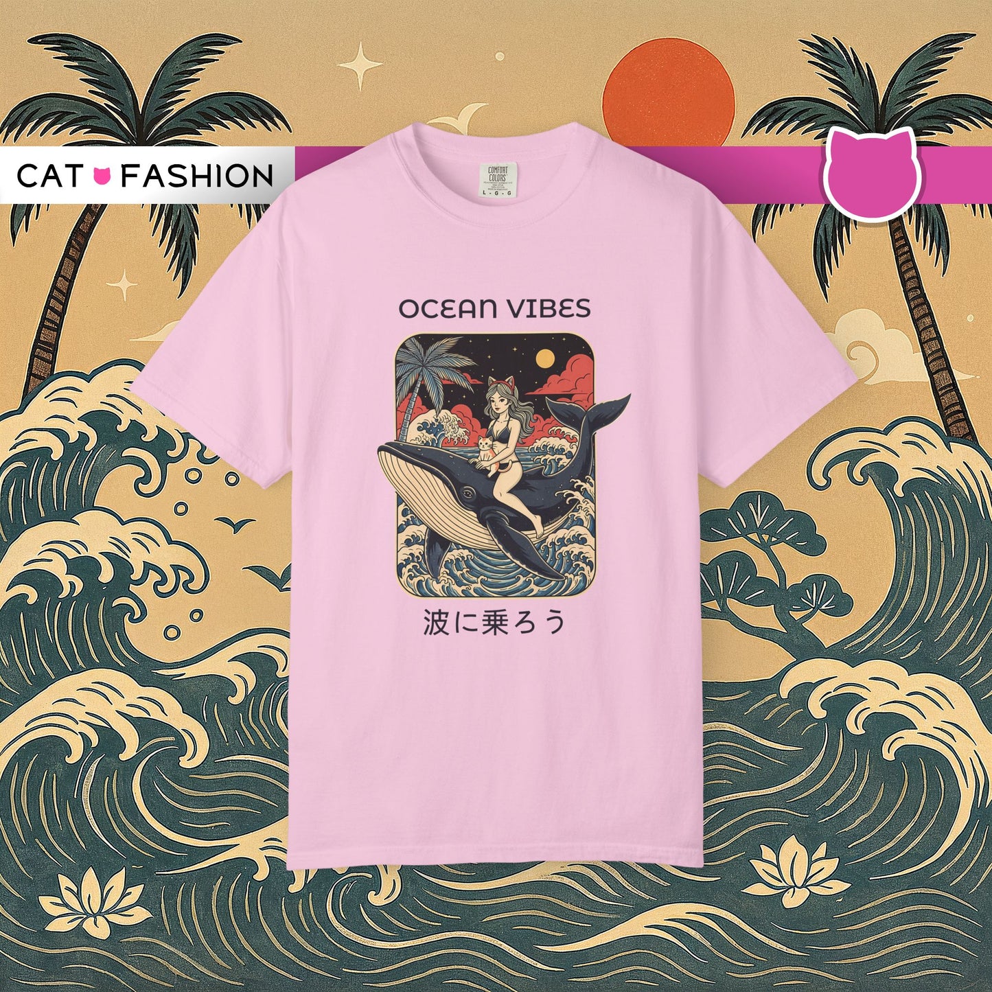 T-Shirt: Ocean Vibes – Anime Whale Rider Tee – Retro Japanese Style Shirt – Cat Girl Graphic Unisex Top for Surfers & Dreamers
