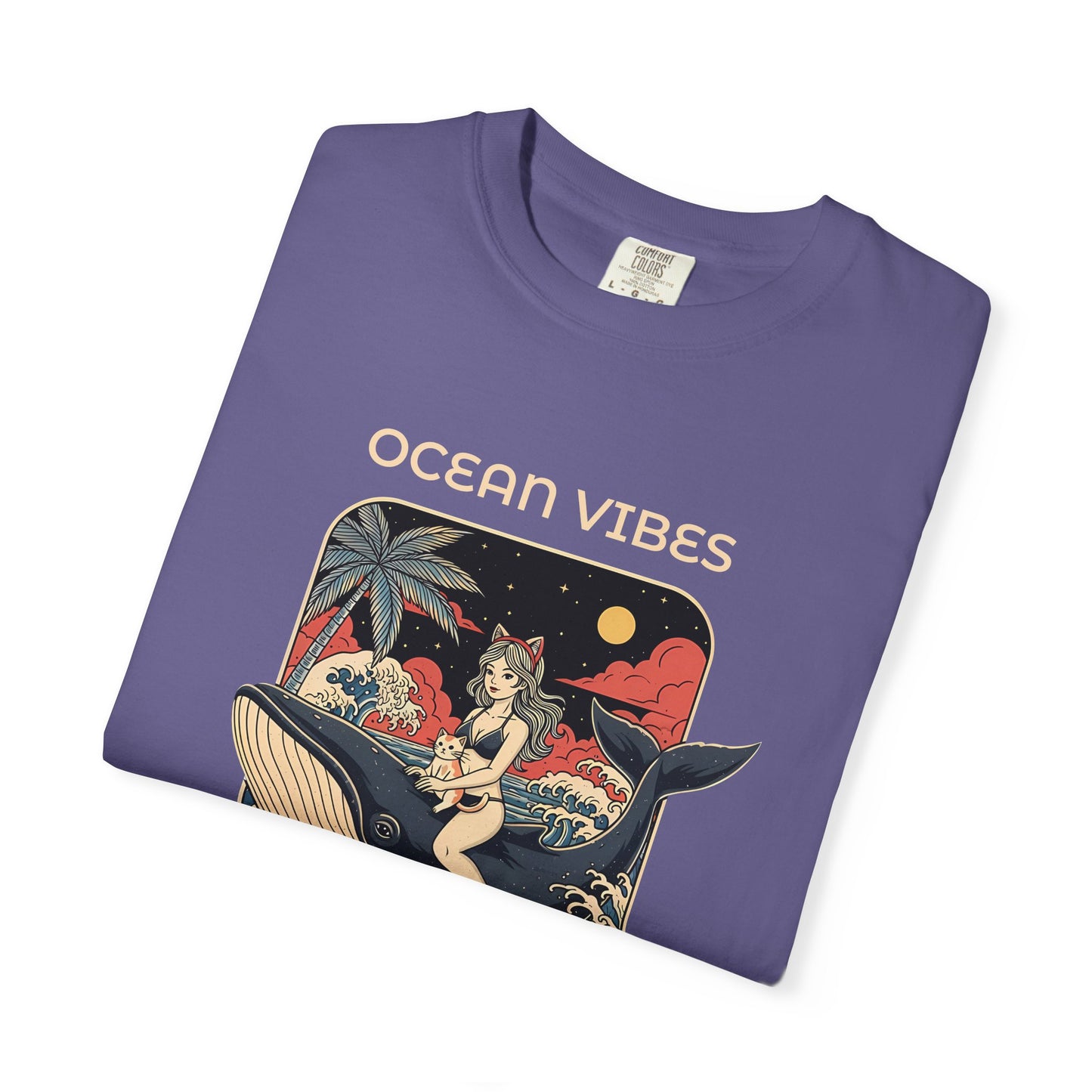 T-Shirt: Ocean Vibes – Anime Whale Rider Tee – Retro Japanese Style Shirt – Cat Girl Graphic Unisex Top for Surfers & Dreamers