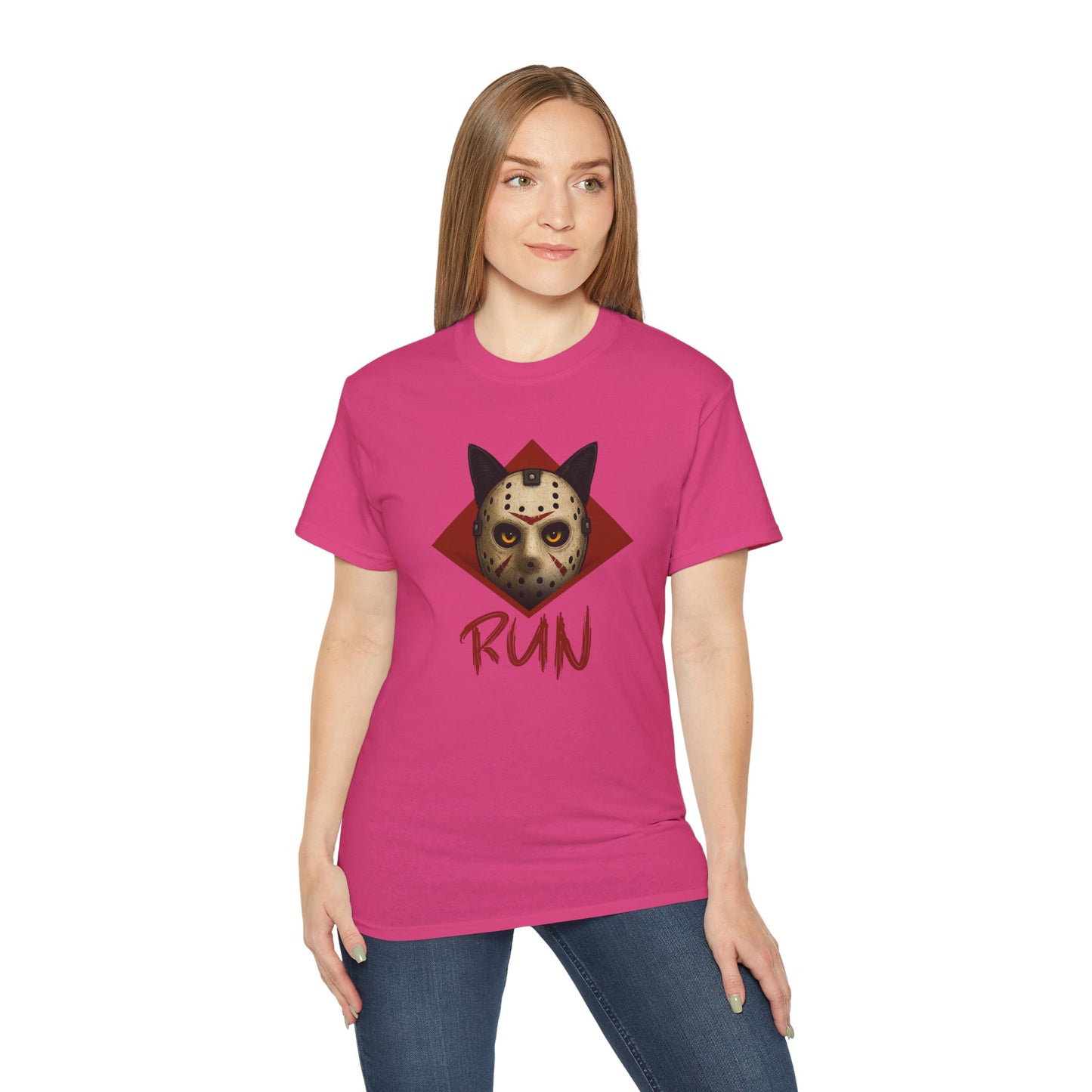 T-Shirt: RUN – Creepy Cat Horror Mask Graphic Tee – Halloween Scary Unisex Shirt for Spooky Season