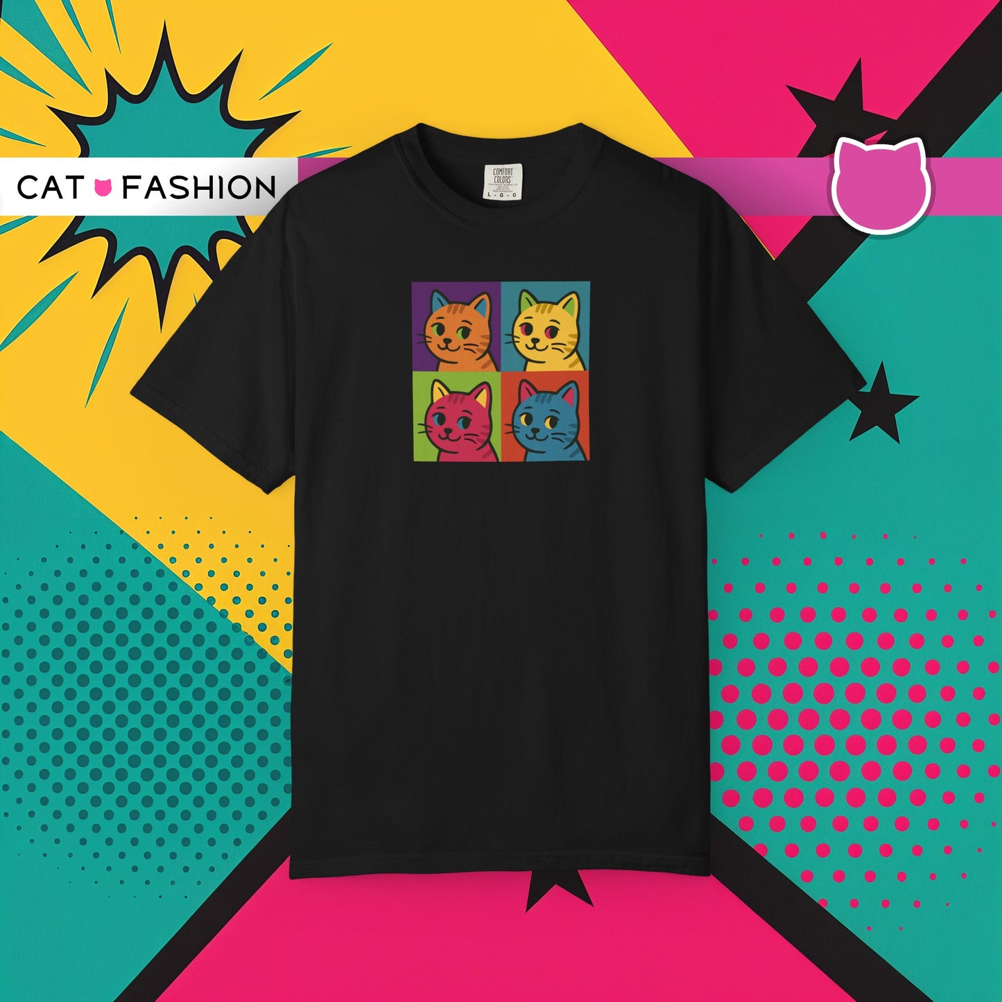 T-Shirt: Pop Art Cats - Colorful Retro Style Kitty Faces Graphic Tee - Funny Unisex Shirt for Cat Lovers and Art Fans