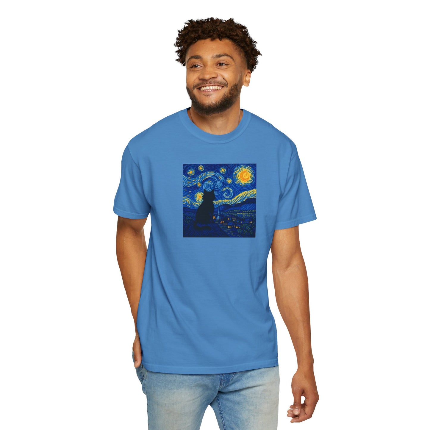 T-Shirt: The Starry Night with Cat - Van Gogh Parody Art Tee - Whimsical Unisex Shirt for Cat Lovers and Art Fans