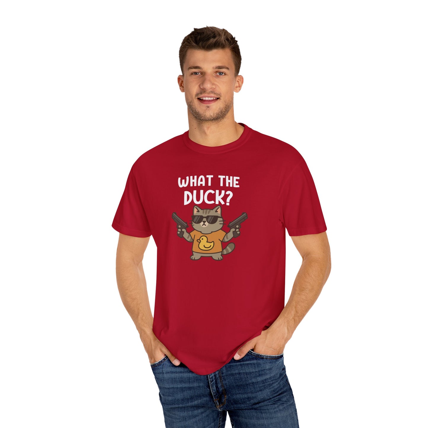 T-Shirt: What The Duck? - Funny Armed Cat Meme Graphic Tee - Humorous Unisex Shirt for Cat Lovers & Internet Humor Fans