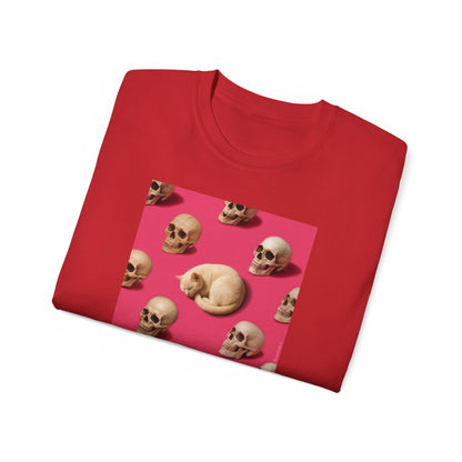 T-Shirt: The Cat and His Former Owners – Dark Humor Cat Graphic Tee – Funny Spooky Skull Unisex Shirt for Gothic Vibes
