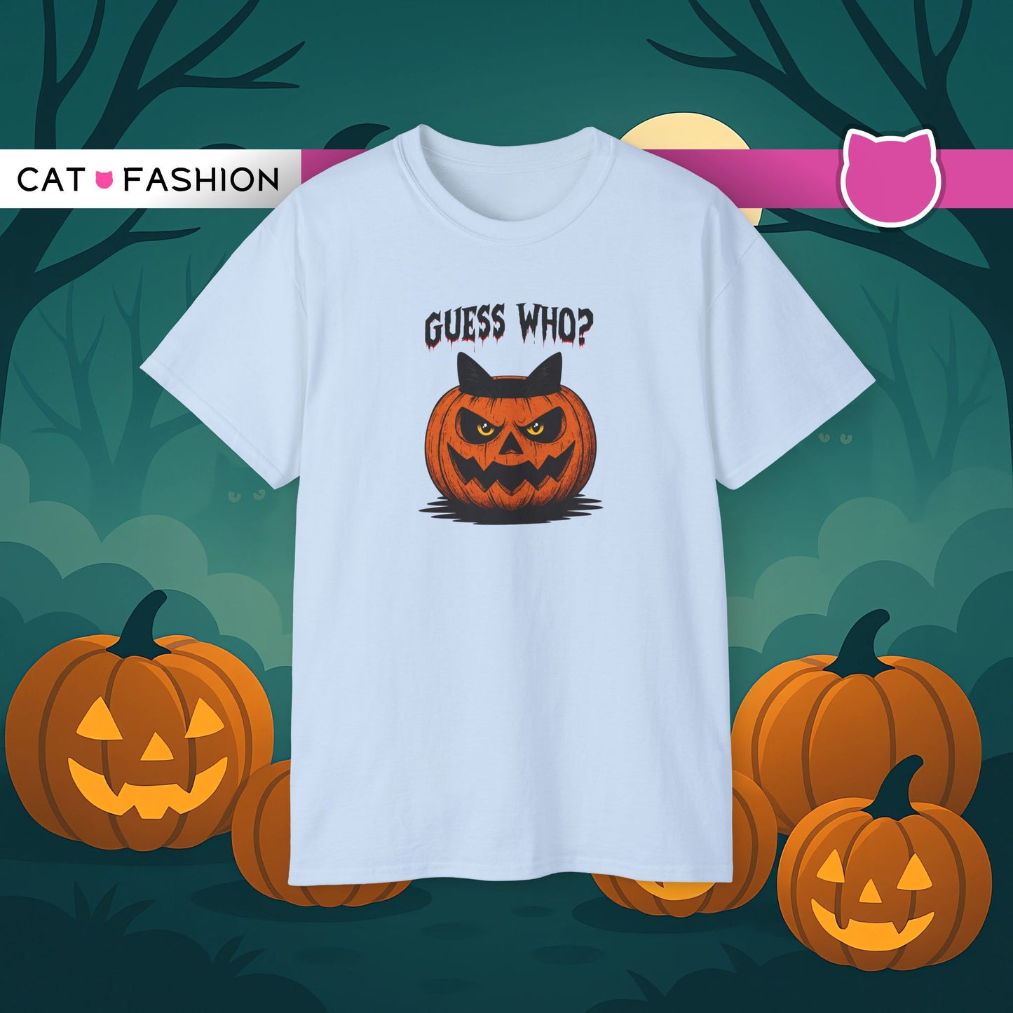T-Shirt: Guess Who? – Halloween Cat Pumpkin Graphic Tee – Spooky Funny Unisex Shirt for Scary Season